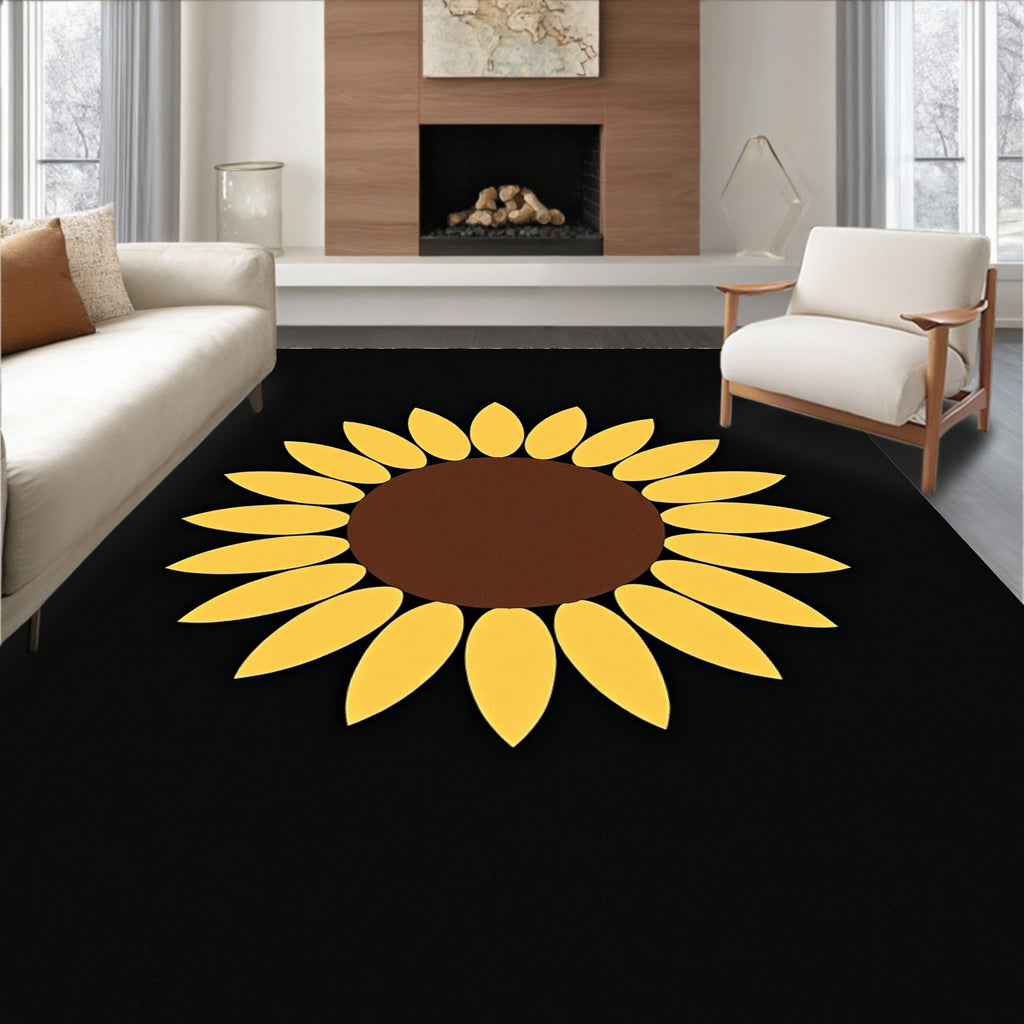 Bold Yellow Sunflower Black Background Rug