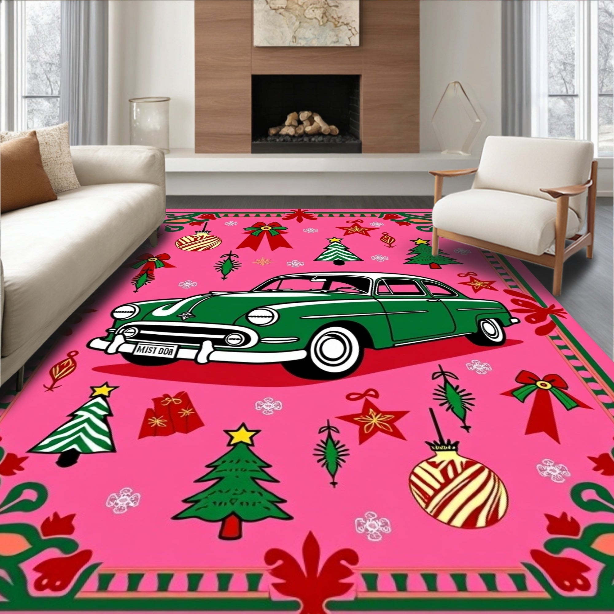 Retro Green Car Christmas Ornaments Border Rug