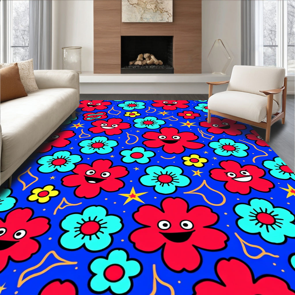 Happy Red Turquoise Flower Stars Rug