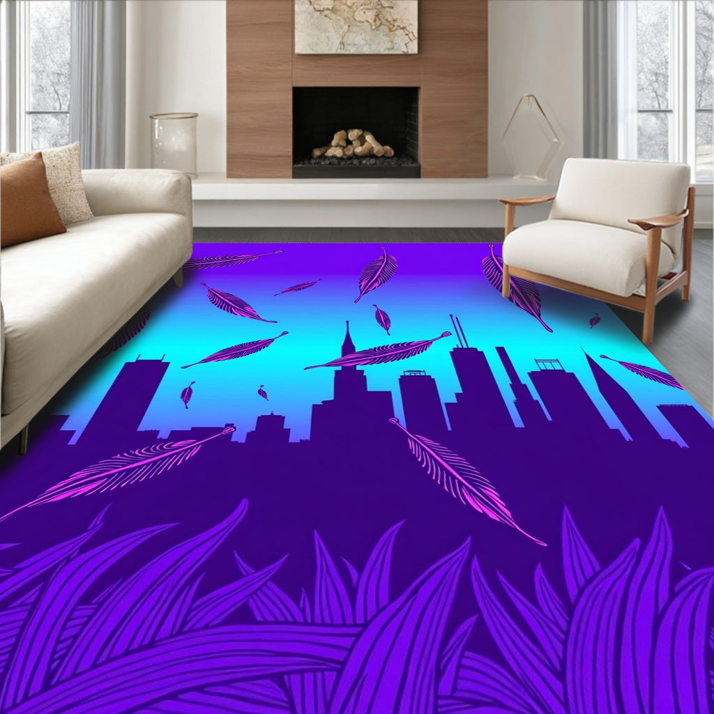 Purple Feather Cityscape Skyline Rug
