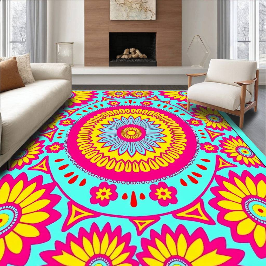 Bright Pink Yellow Floral Mandala Rug