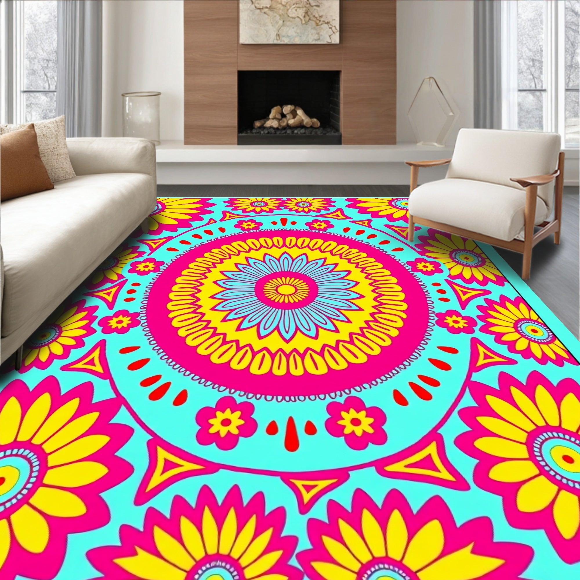 Bright Pink Yellow Floral Mandala Rug