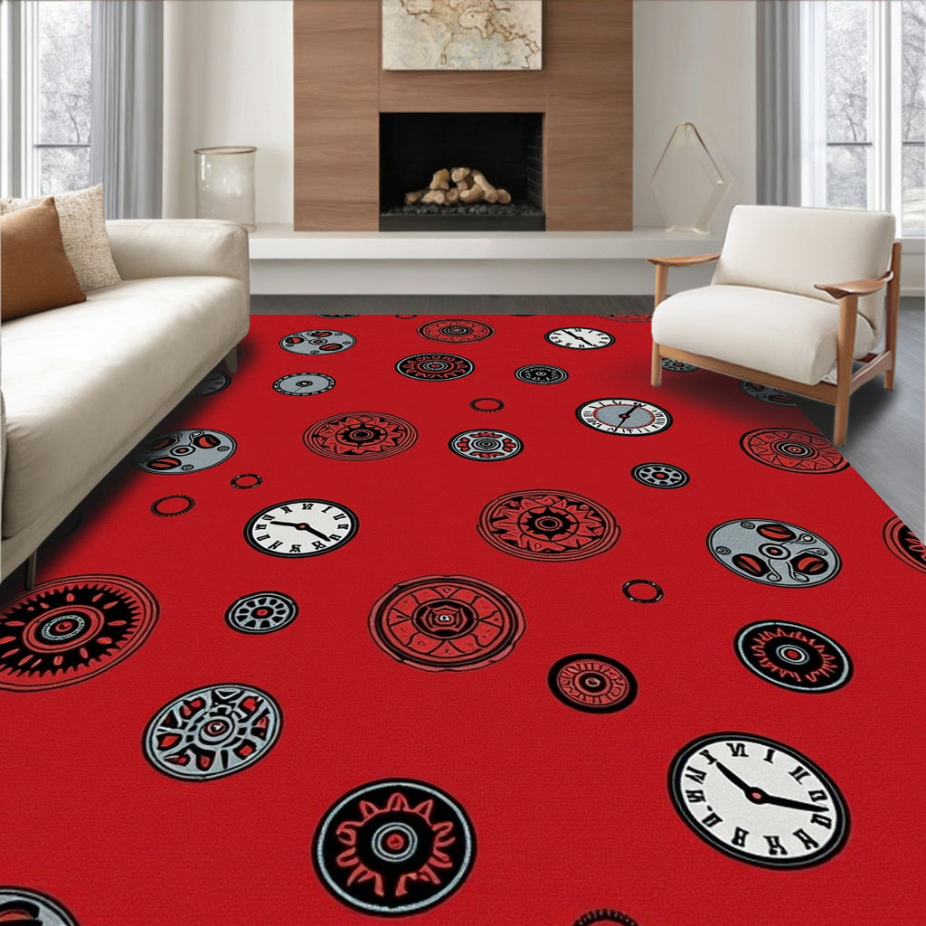 Red Steampunk Clock Medallion Collage Rug
