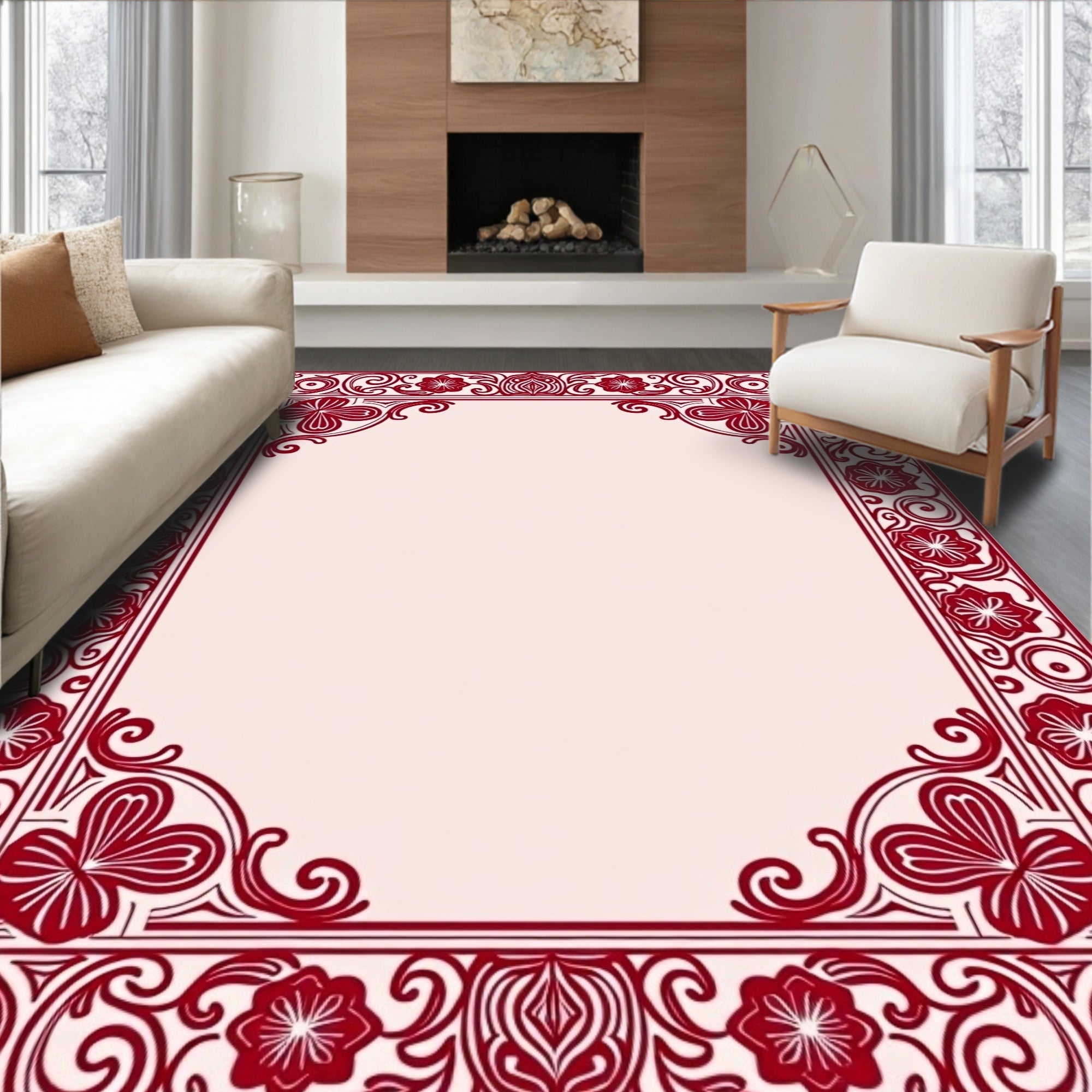 Deep Red Floral Swirls Border Rug