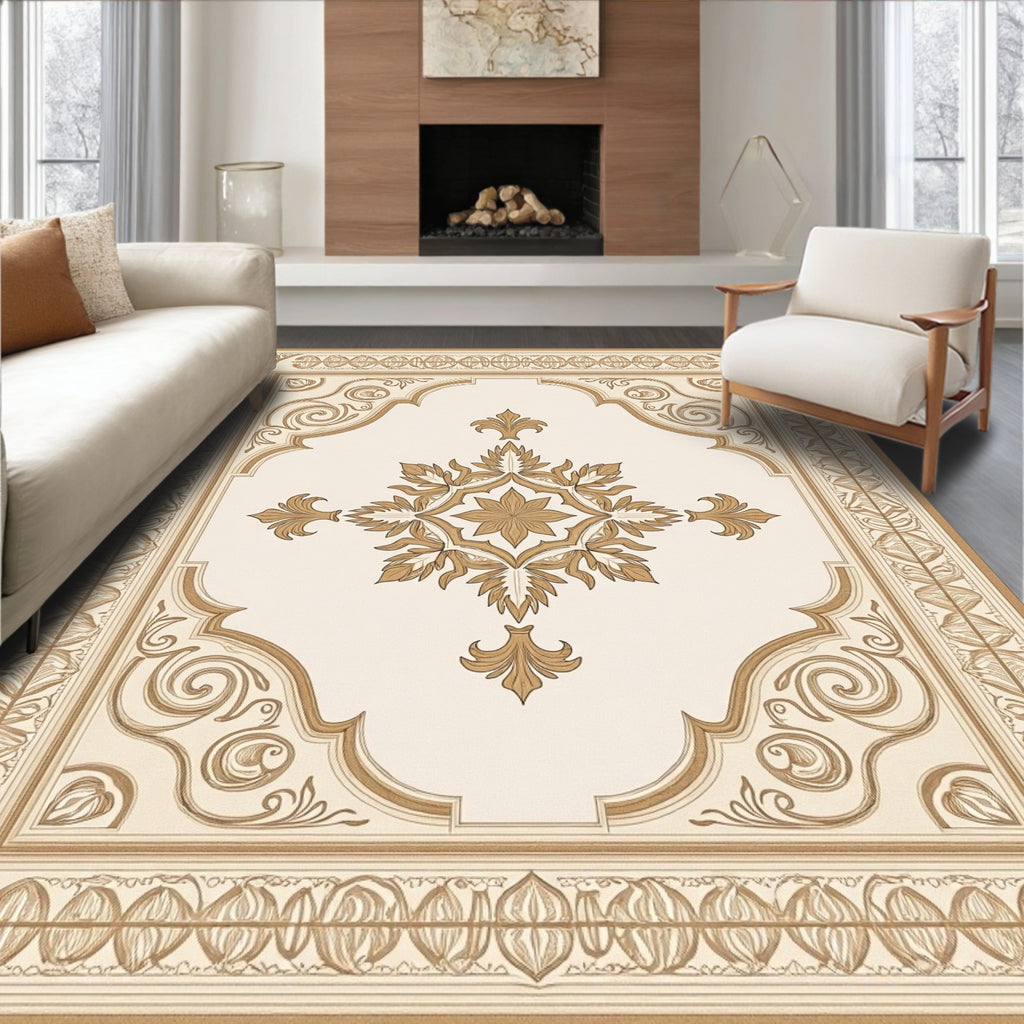 Ornate Golden Scrolling Floral Medallion Rug