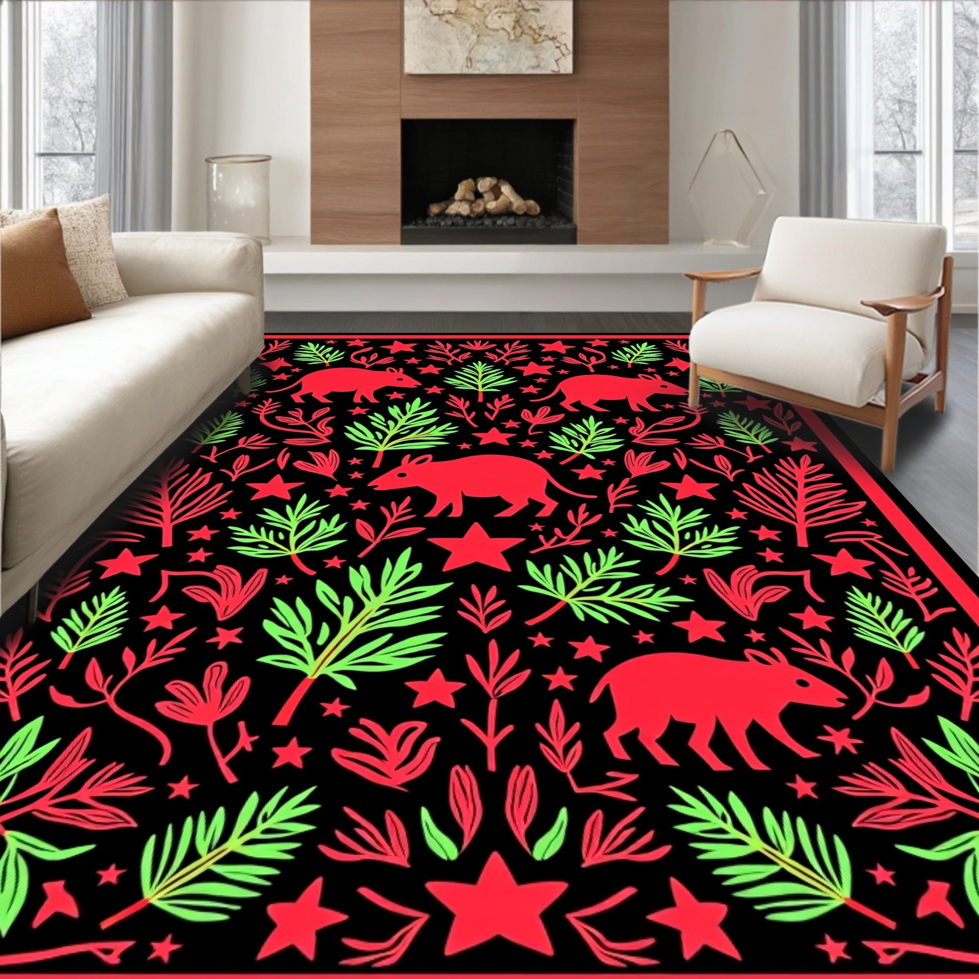 Vibrant Red And Green Animal Garden Rug