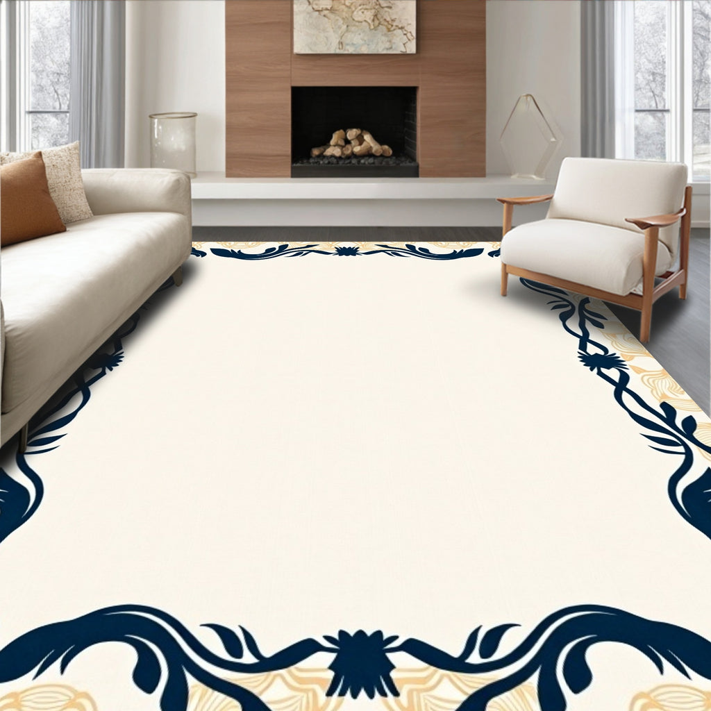 Deep Blue Floral Laurel Wreath Cream Rug