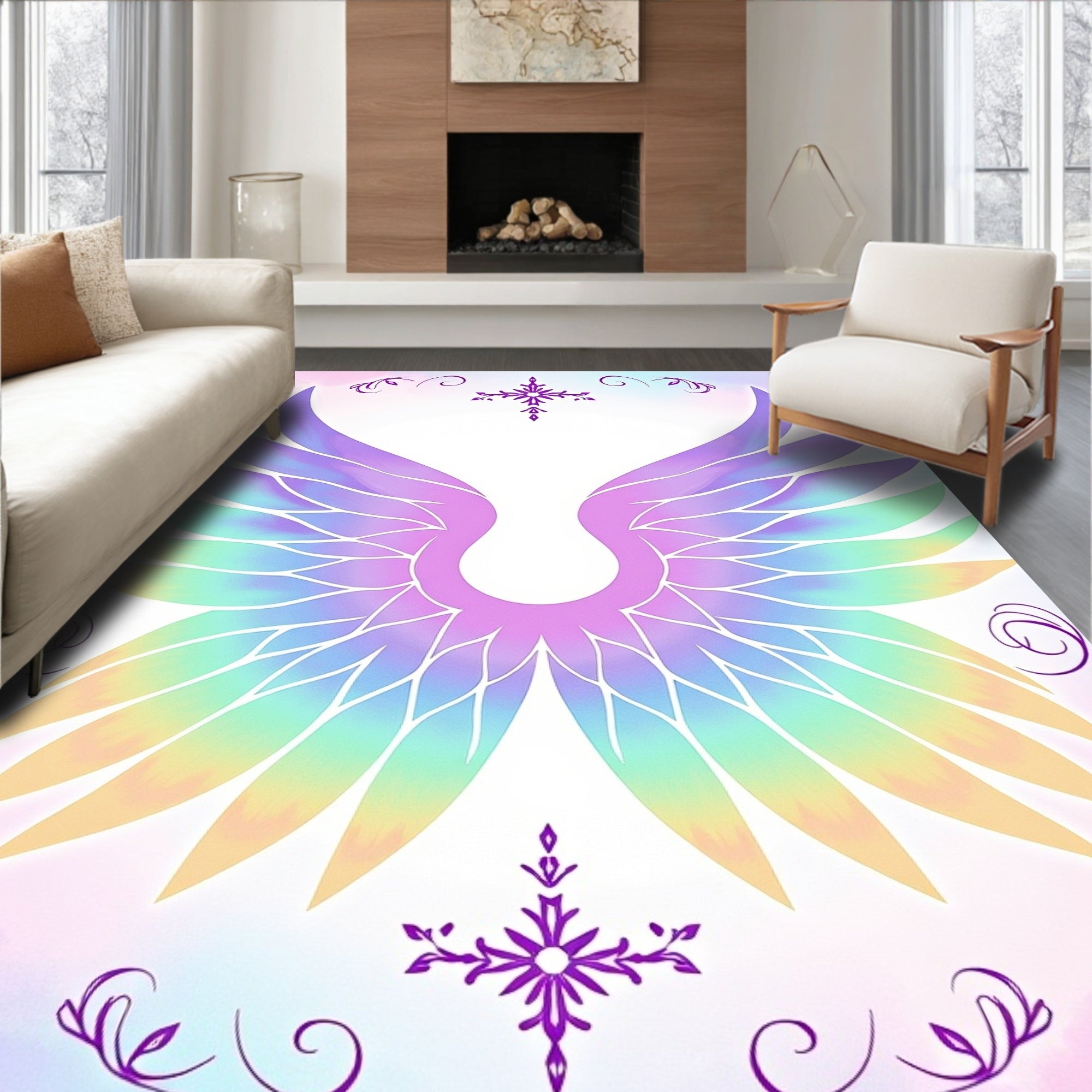 Whimsical Rainbow Angel Wings Art Rug