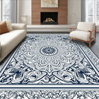Deep Blue Floral Medallion Swirl Rug