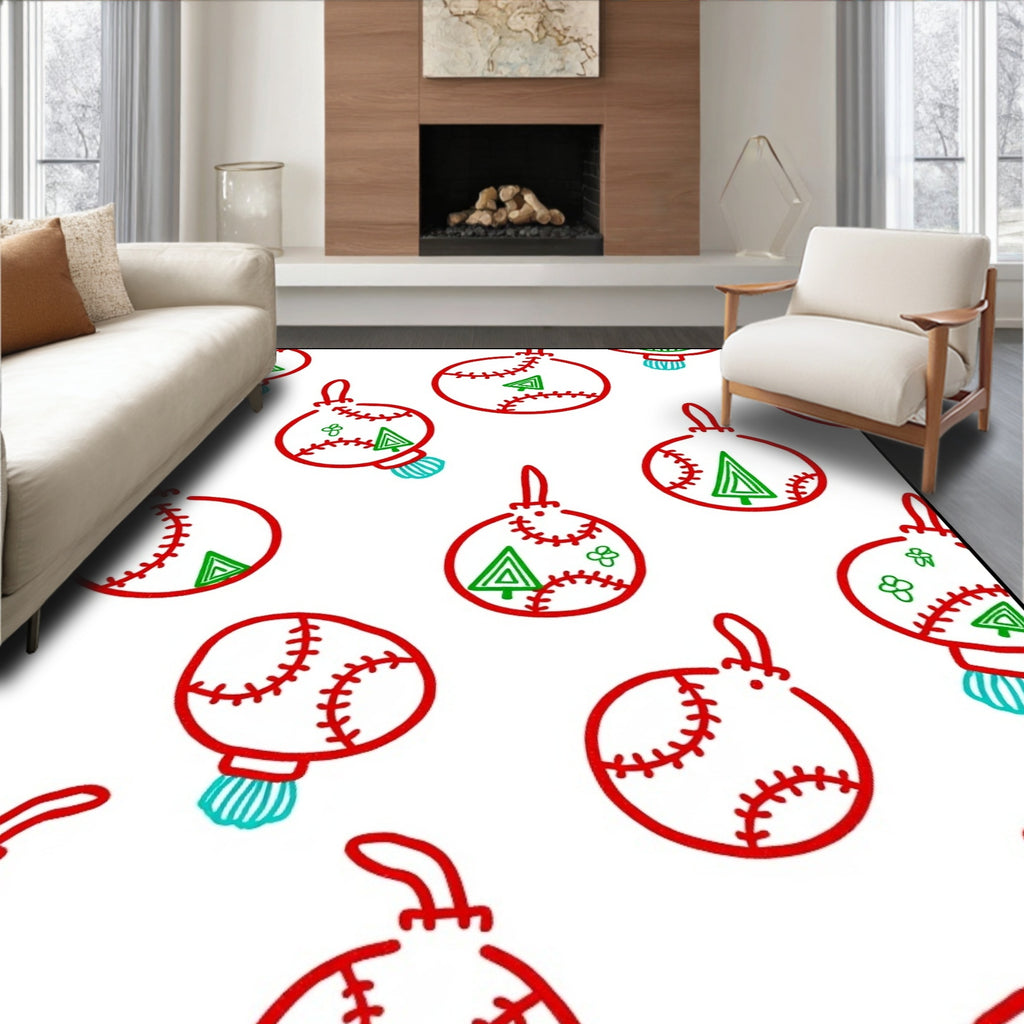 Red White Green Christmas Baseball Ornaments Rug