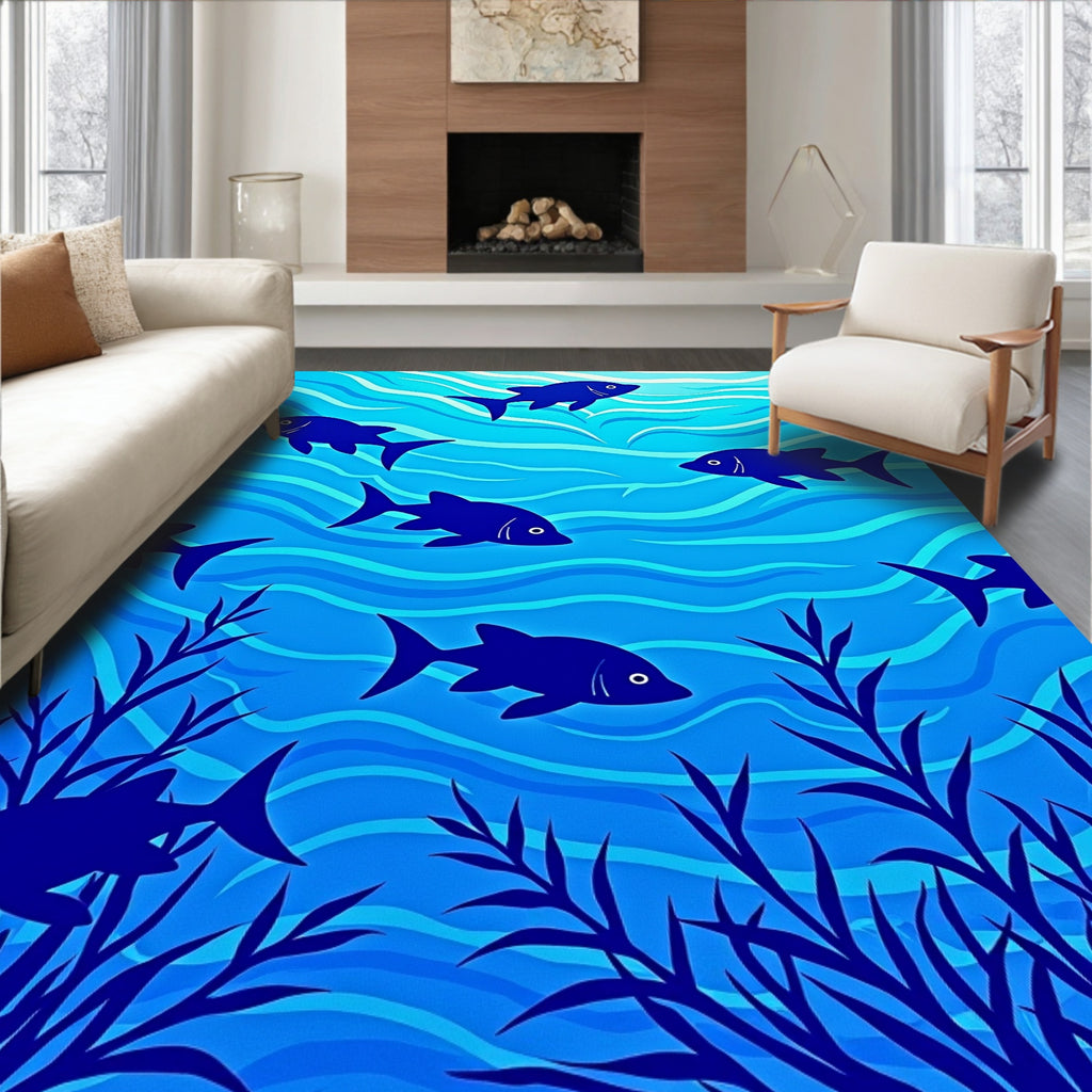 Deep Blue Schooling Fish Underwater Rug