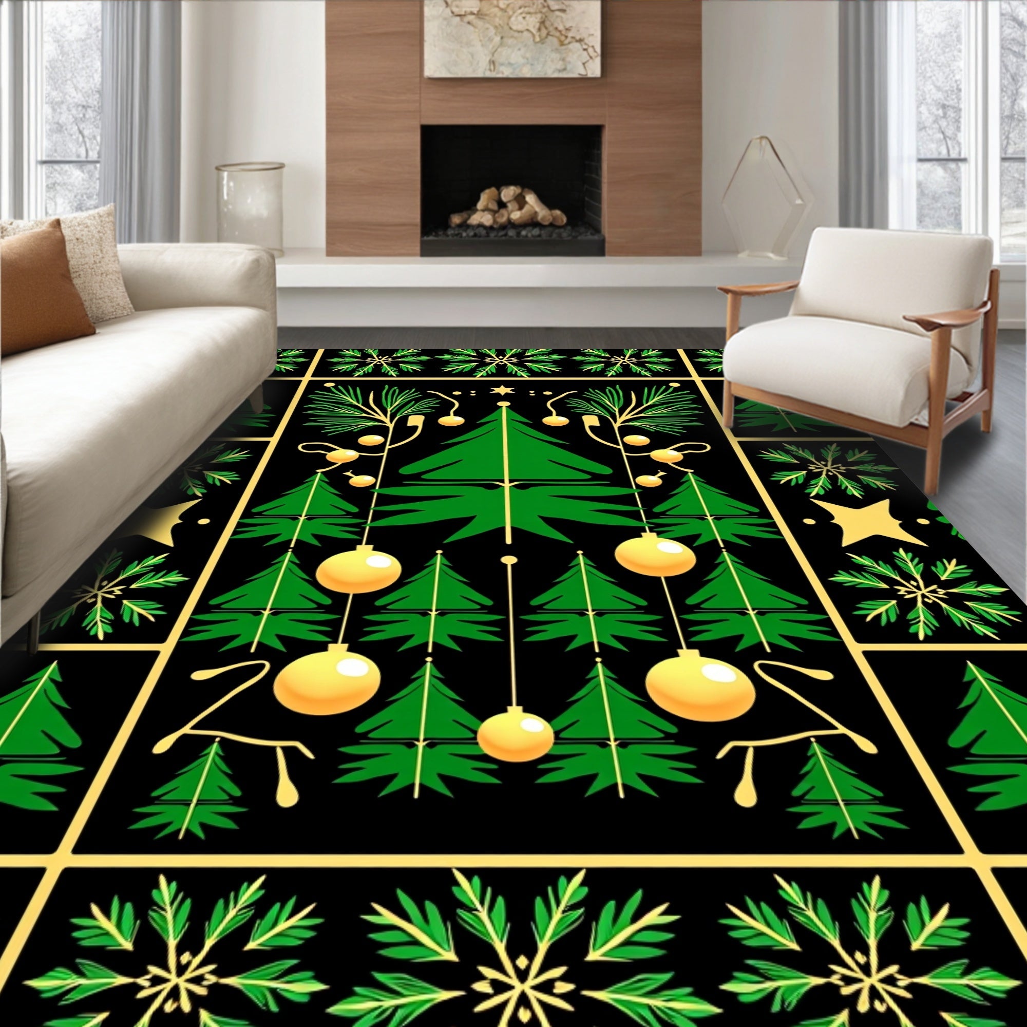 Green Gold Christmas Tree Ornament Squares Rug
