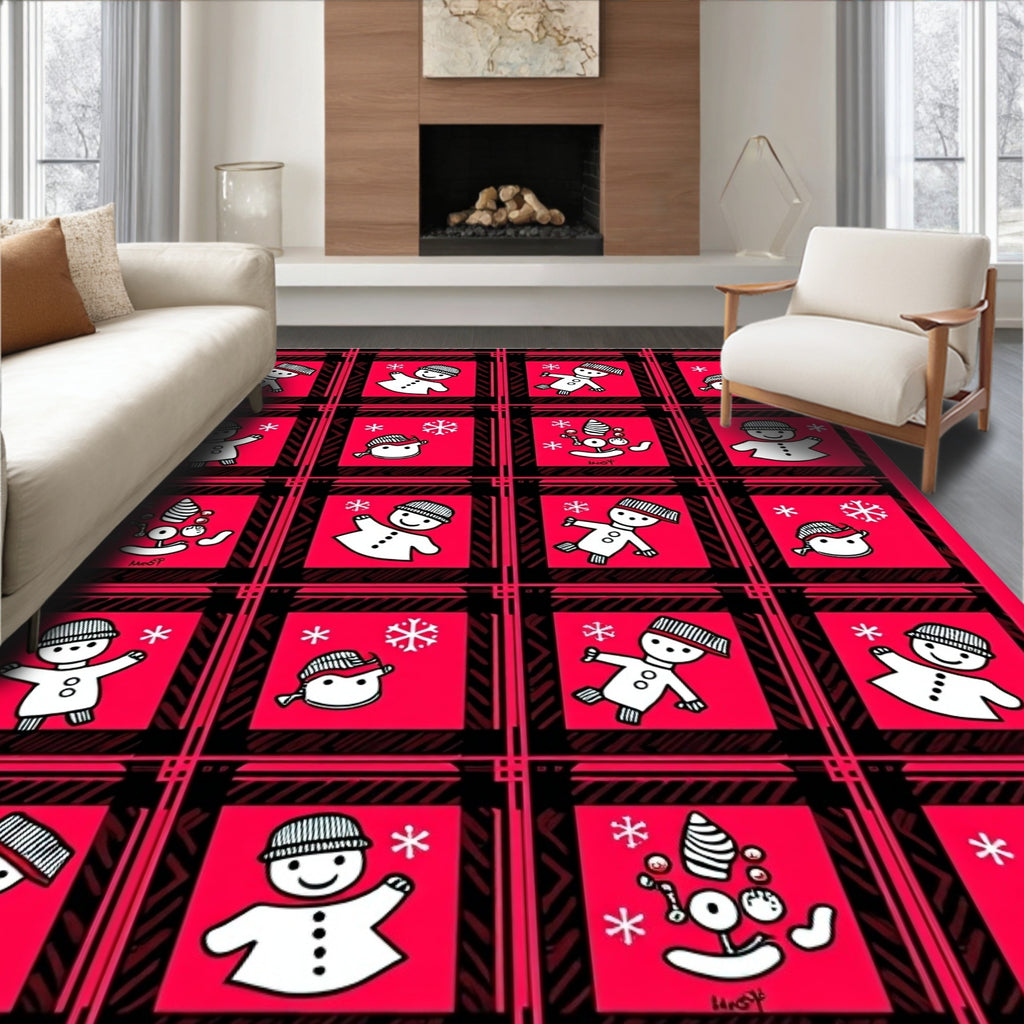 Red Plaid Snowman And Snowflake Square Rug