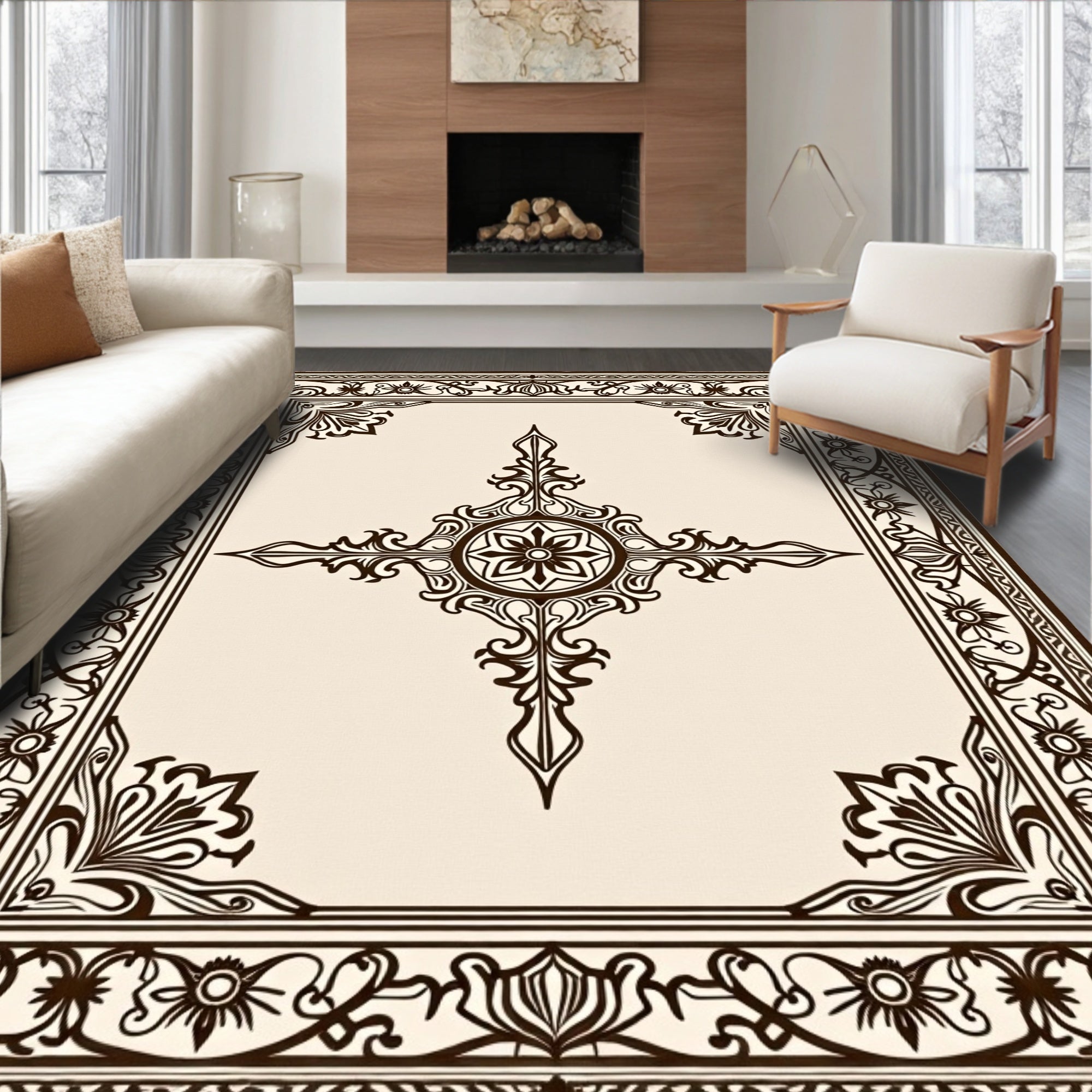 Elegant Cream Brown Scroll Medallion Rug