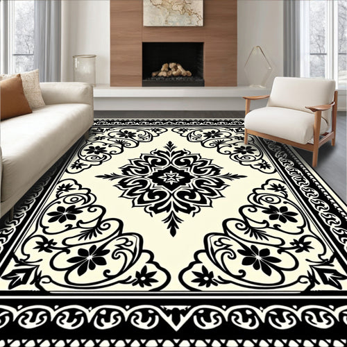 Black Cream Floral Medallion Borders Rug