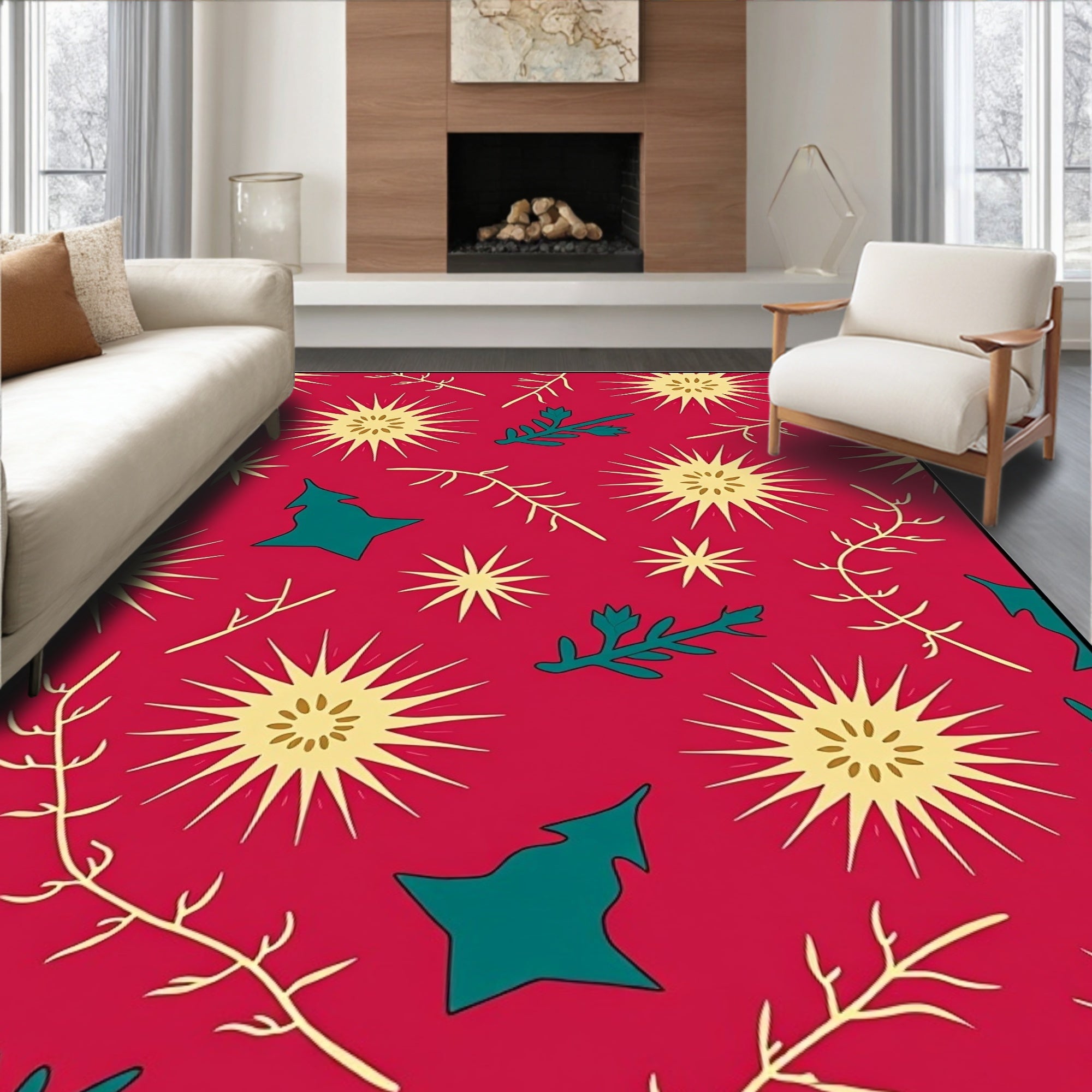 Red Yellow Floral Twig Branch Repeat Rug