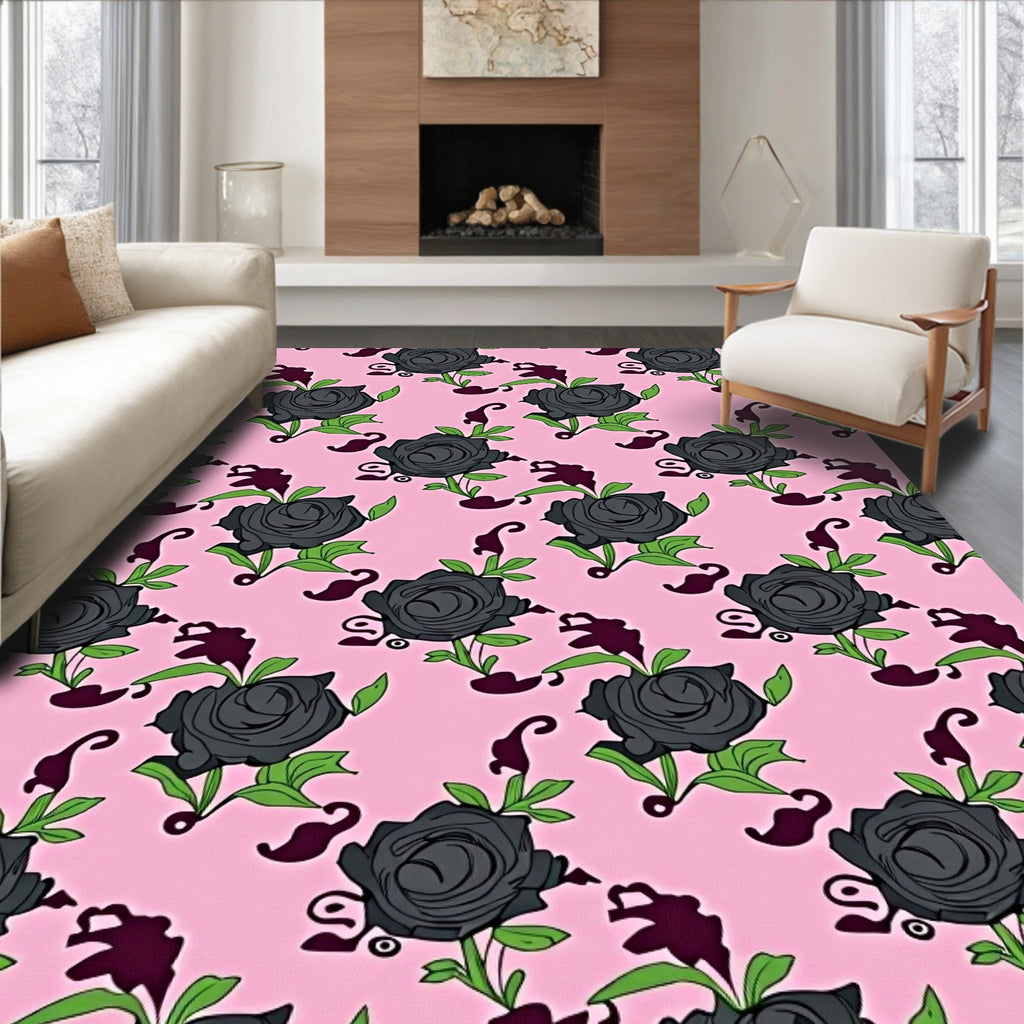 Dark Floral Rose Blossom Pink Background Rug