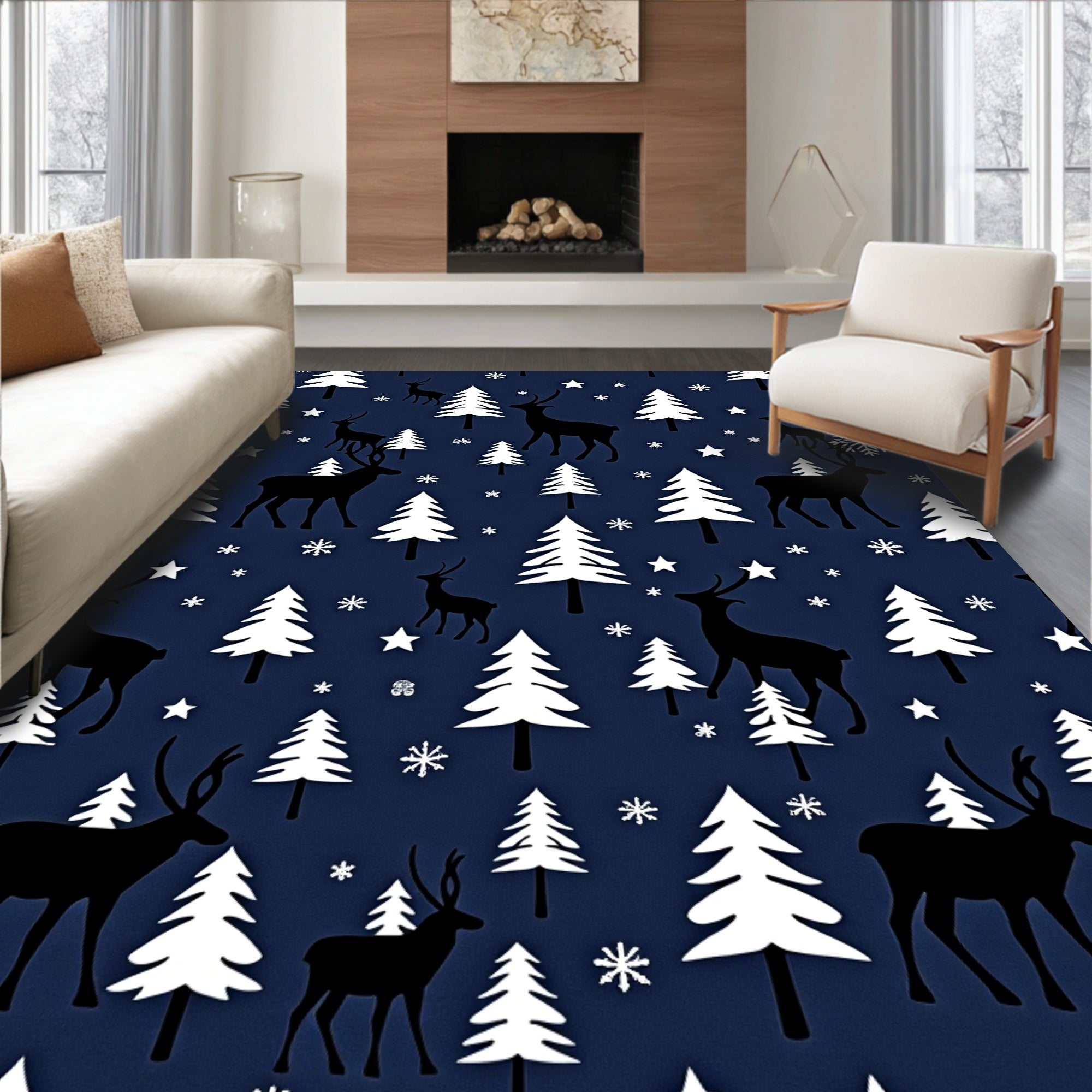 Dark Blue Reindeer Christmas Trees Rug