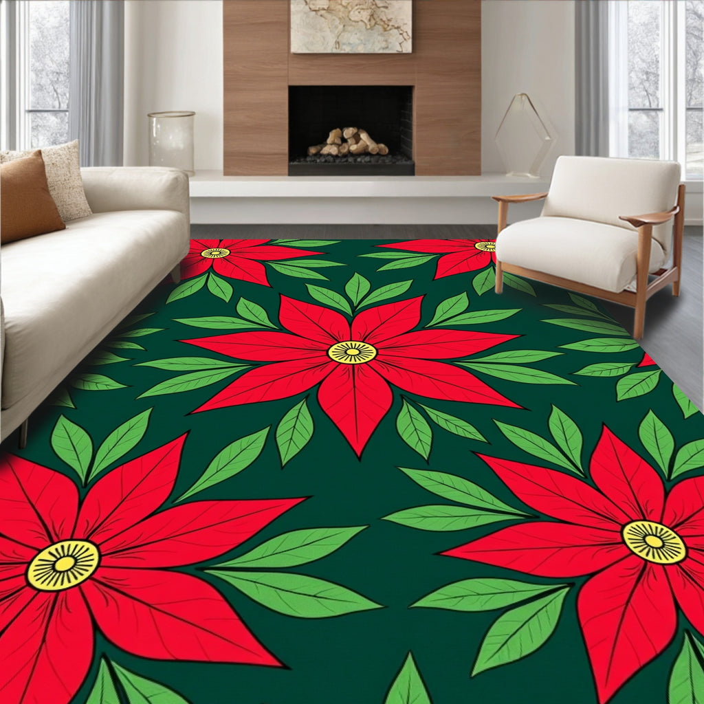 Crimson Poppies Green Leaves Rug