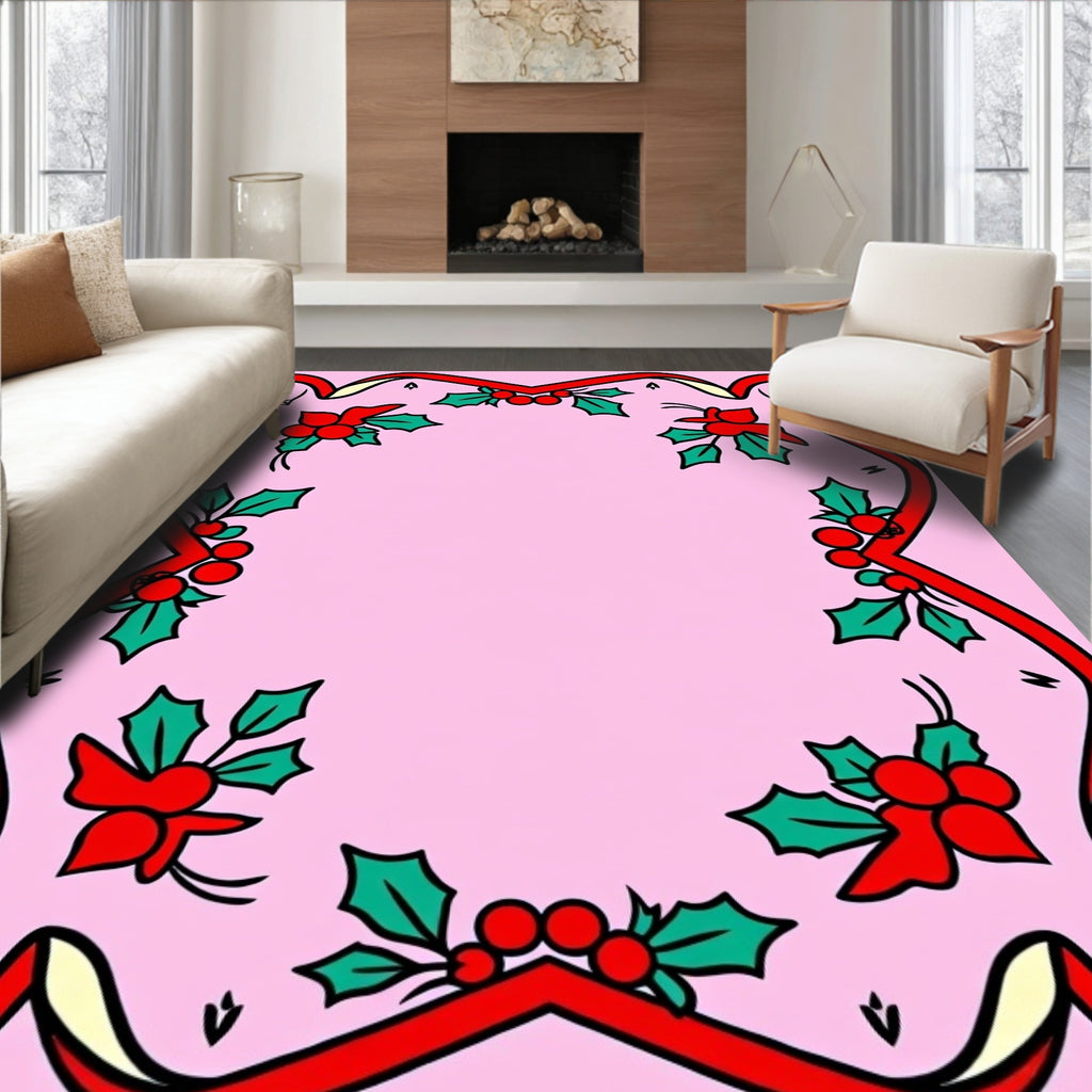 Festive Red Ribbon Holly Accents Rug