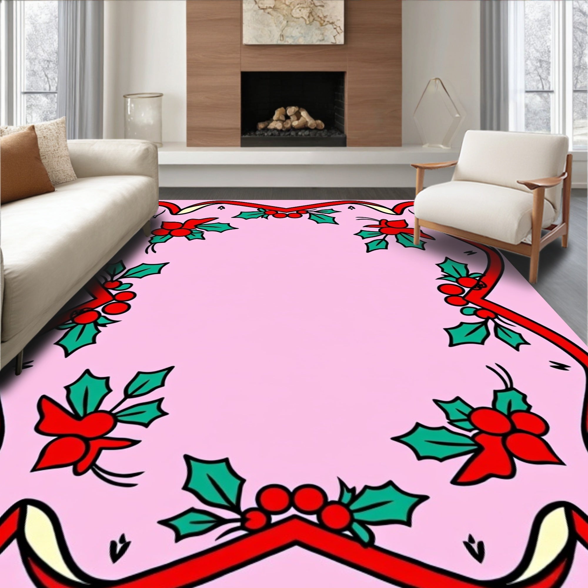 Festive Red Ribbon Holly Accents Rug