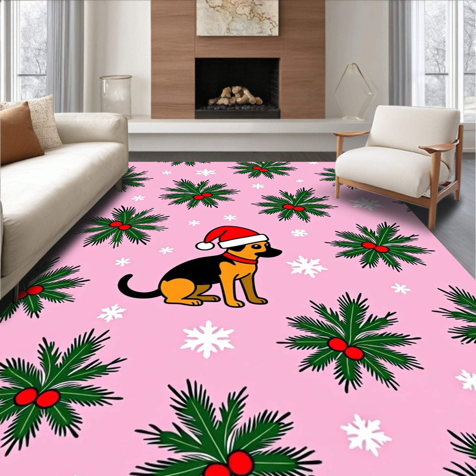 Pink Puppy Christmas Pine Sprig Rug