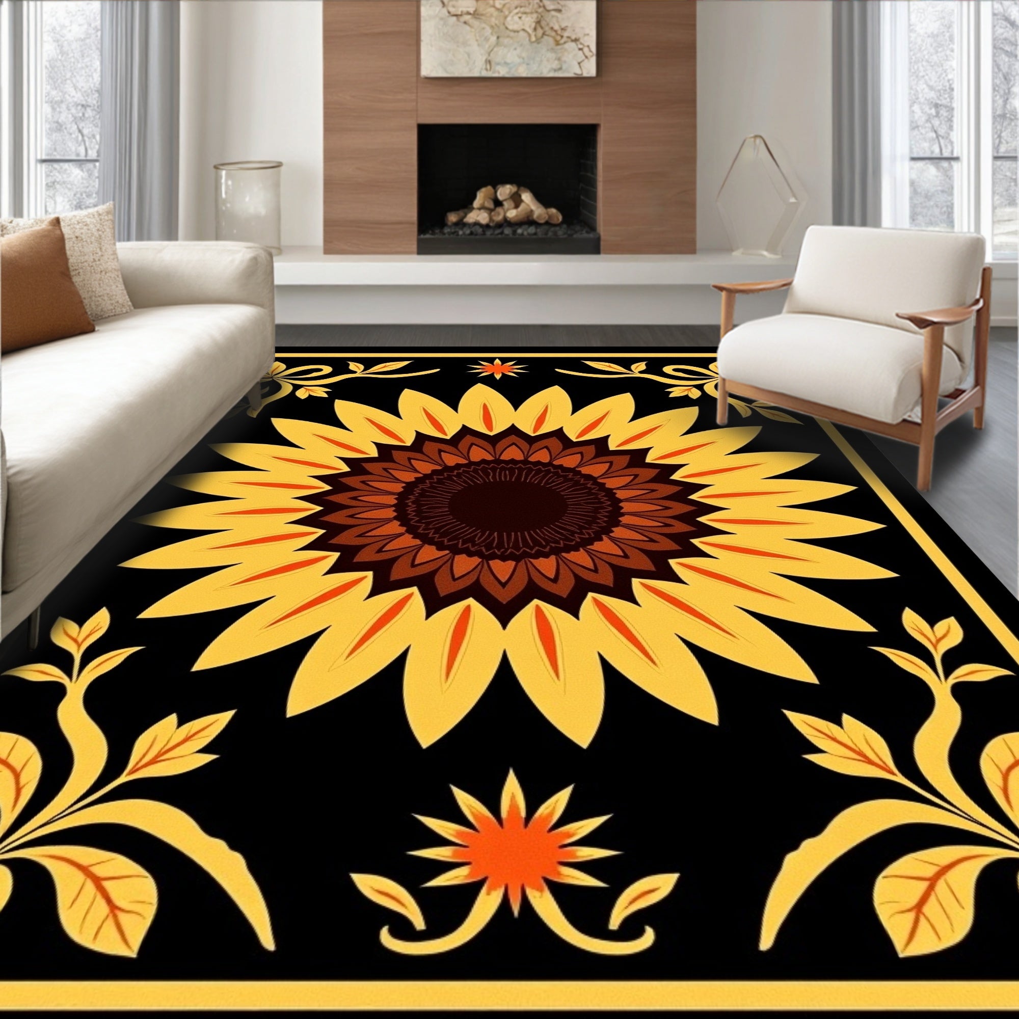 Black Yellow Sunflower Floral Medallion Rug