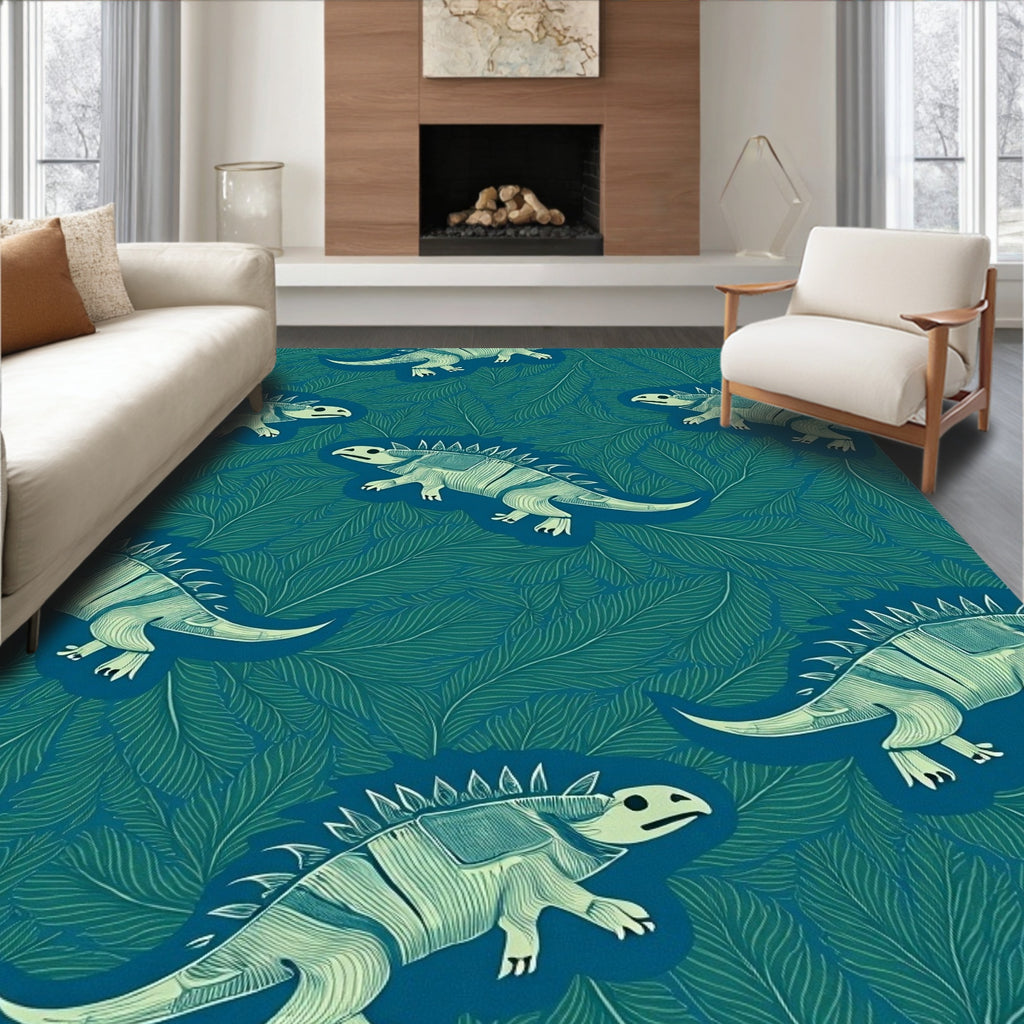 teal dinosaurs among green foliage Rug
