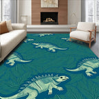 teal dinosaurs among green foliage Rug