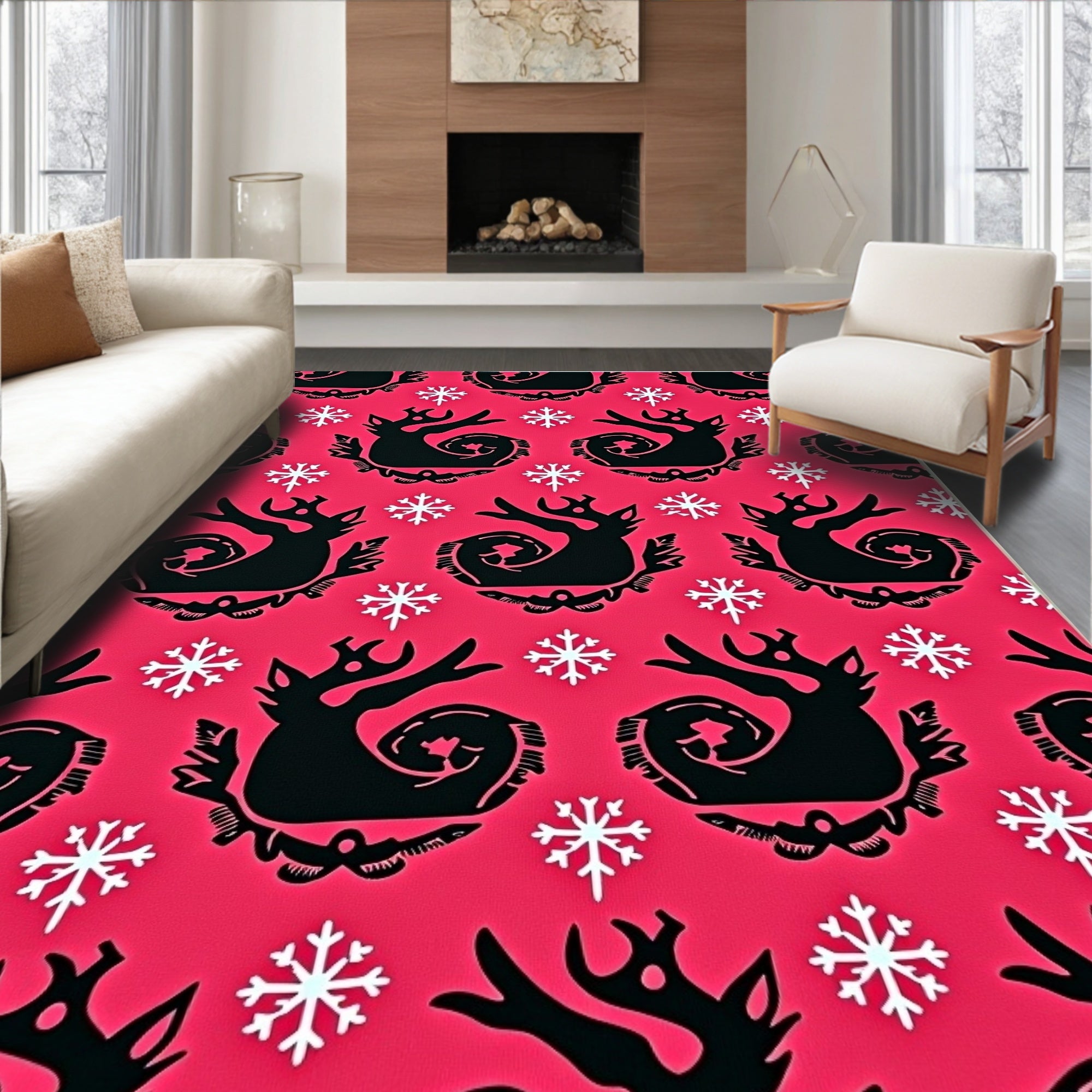 Vibrant Pink Black Reindeer Snowflakes Rug
