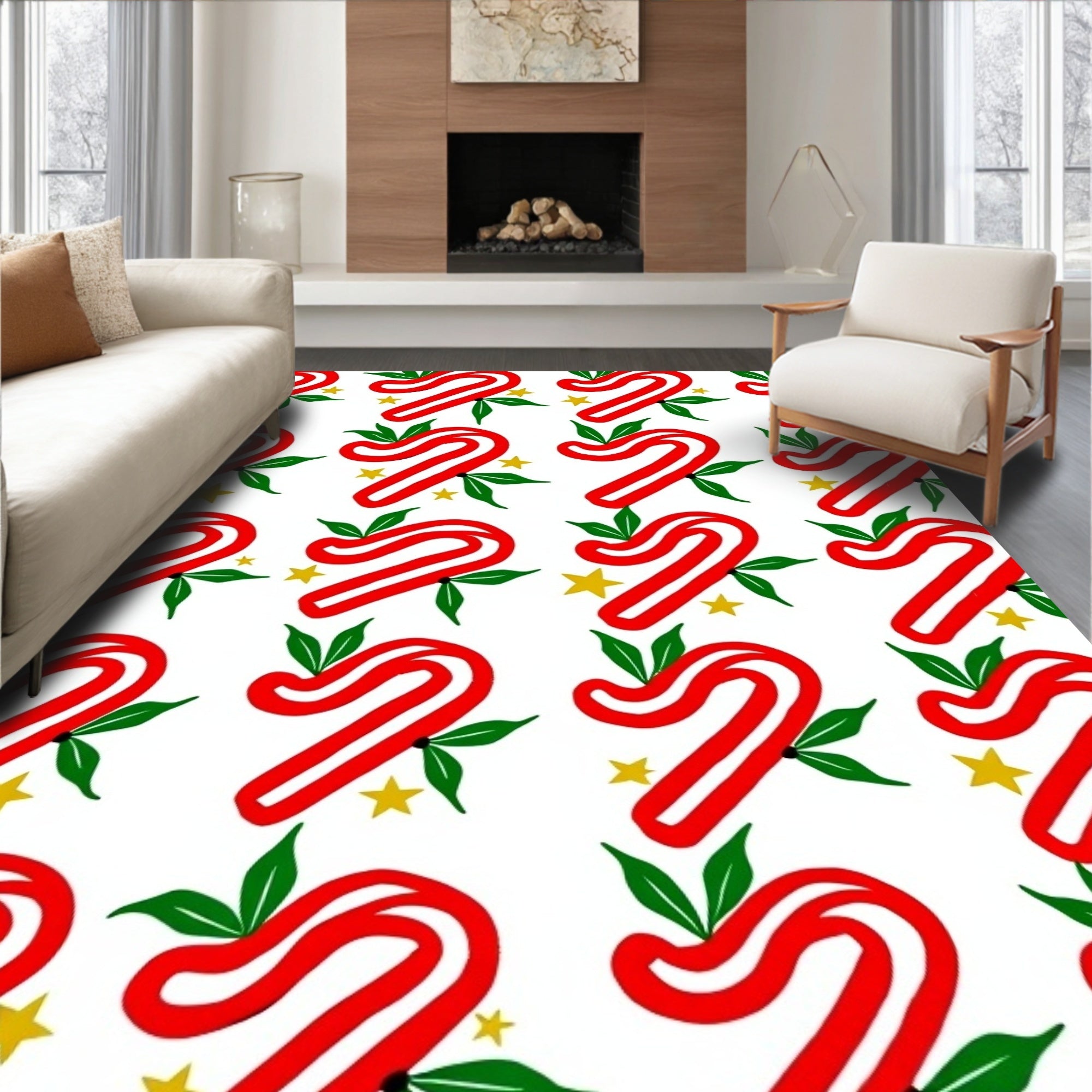 Red Candy Cane Star Leaf Repeating Rug