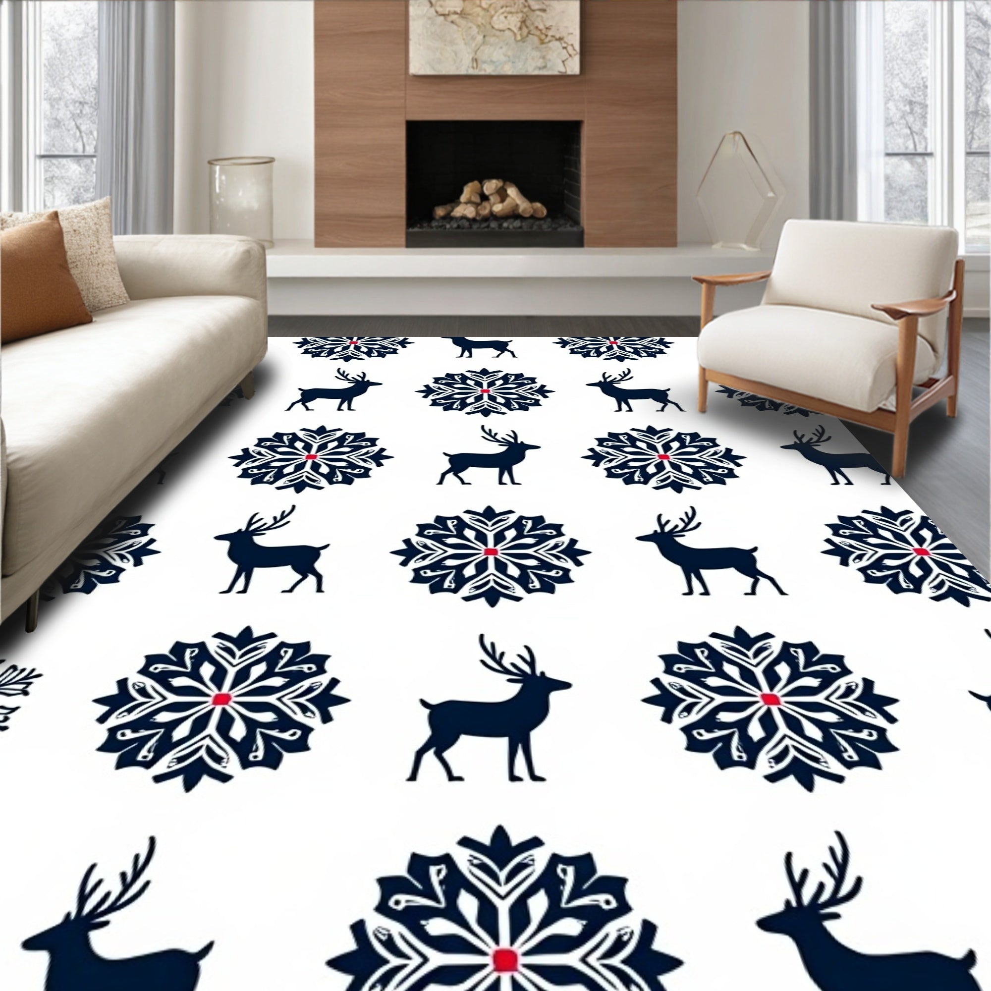 Navy Blue Reindeer Snowflake Repeat Rug