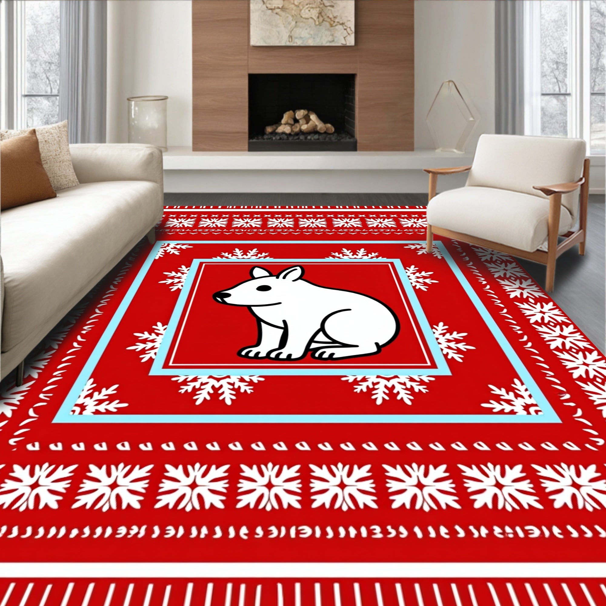 Winter White Rabbit Snowflake Border Rug