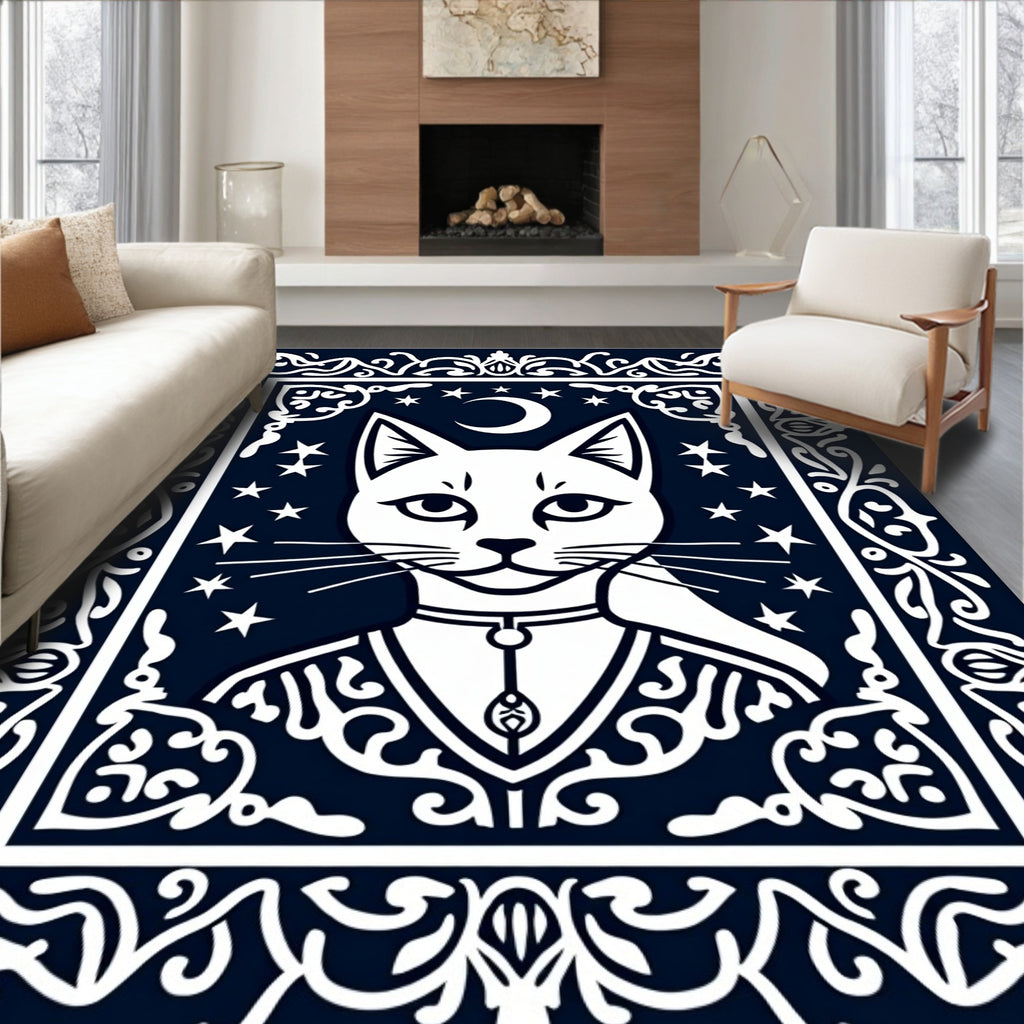 White Moonlit Cat Mystic Border Rug