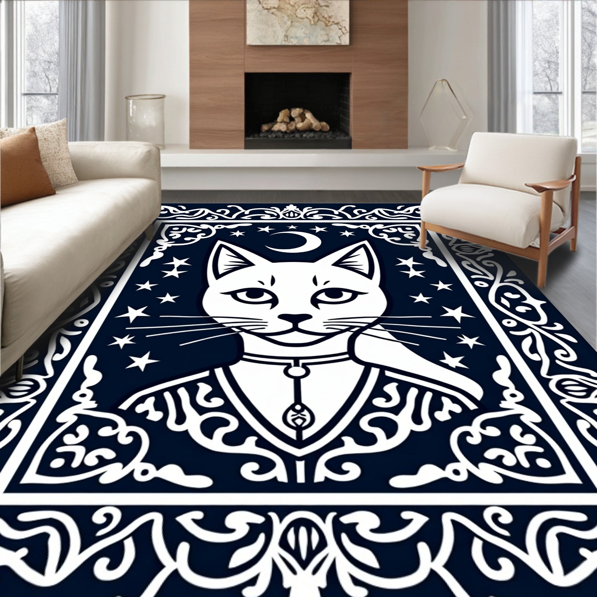 White Moonlit Cat Mystic Border Rug