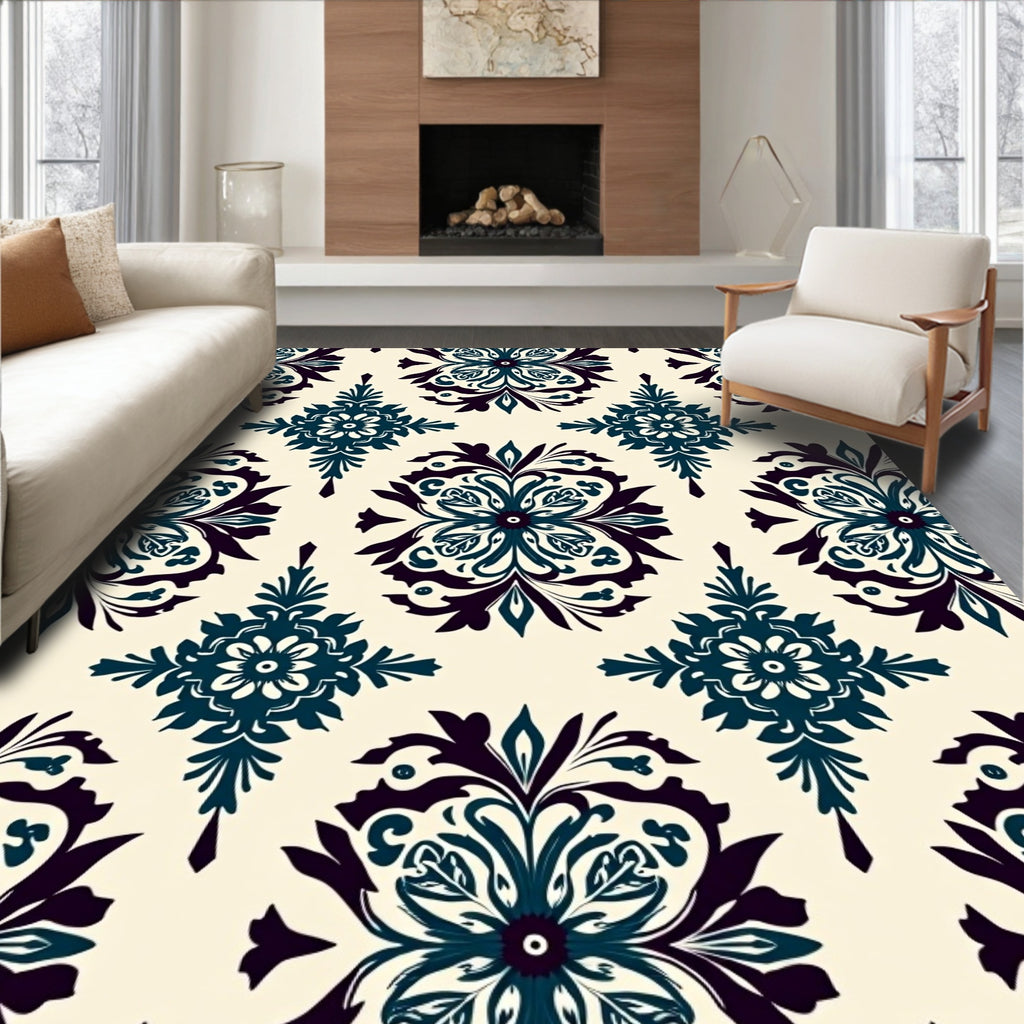Deep Teal Floral Damask Cream Background Rug