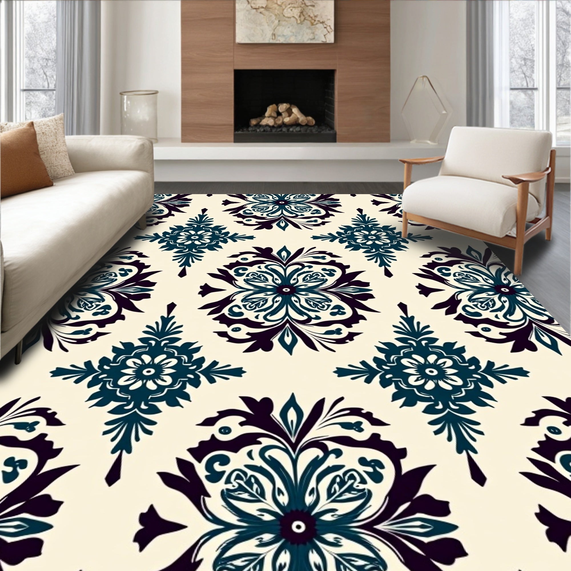 Deep Teal Floral Damask Cream Background Rug