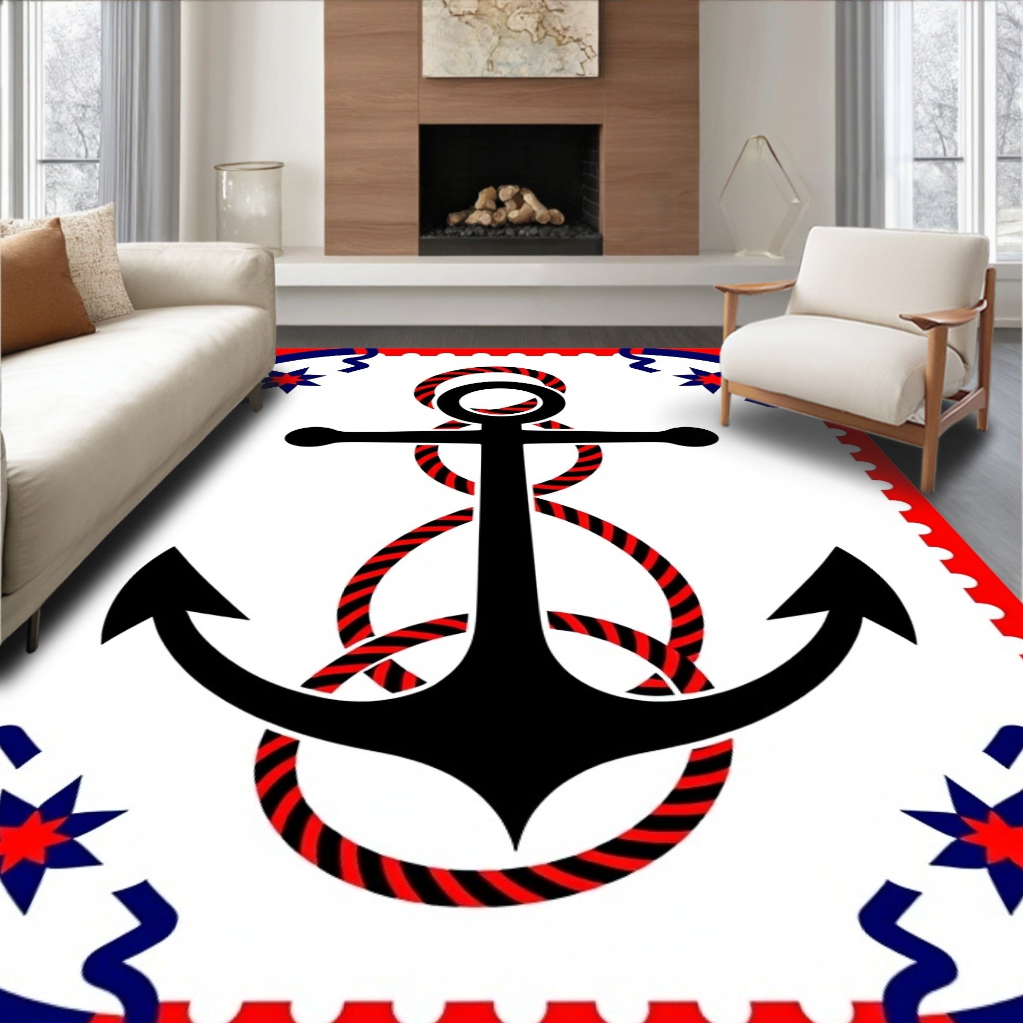 Nautical Black Red Anchor Rope Border Rug