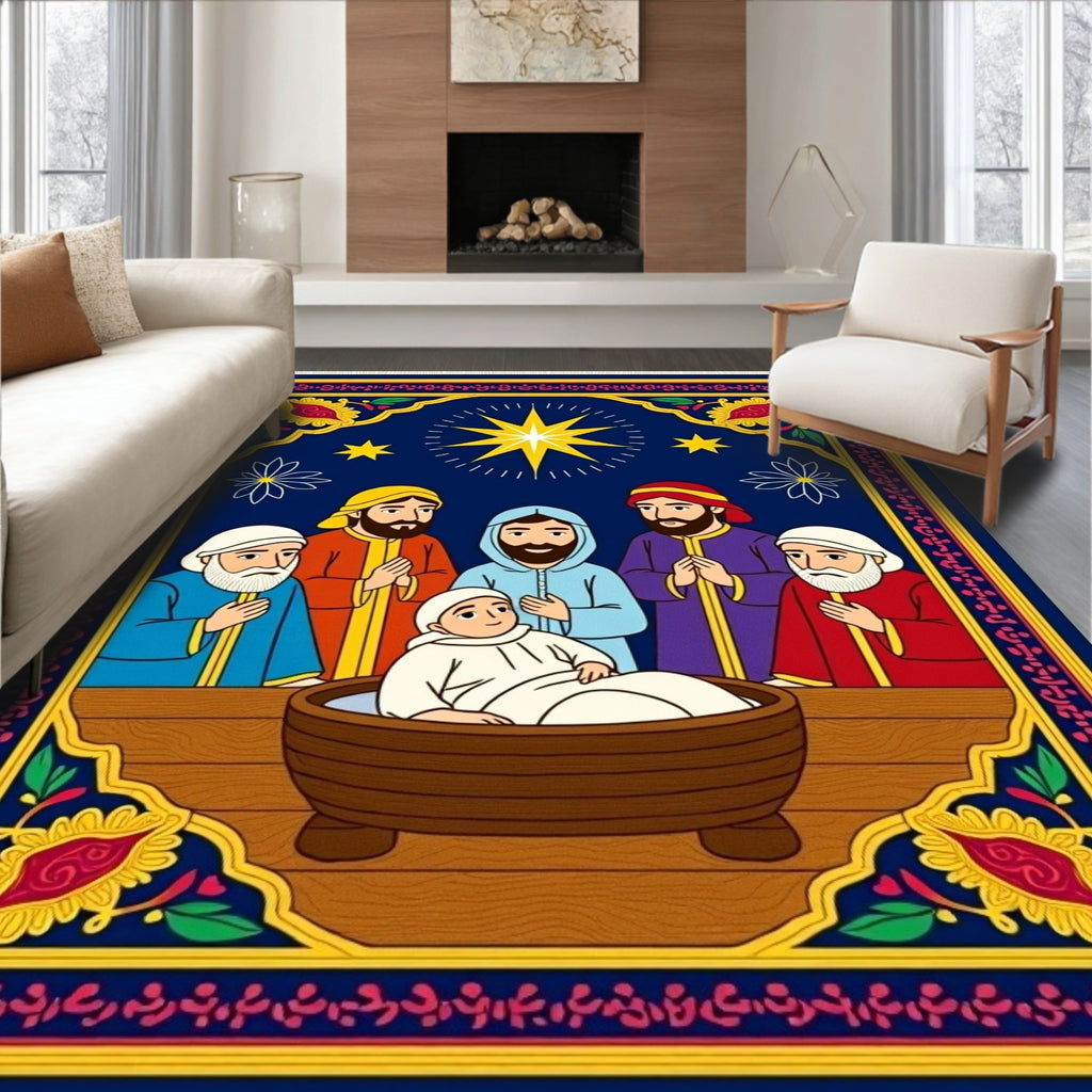 Nativity Scene Blue Festive Star Rug