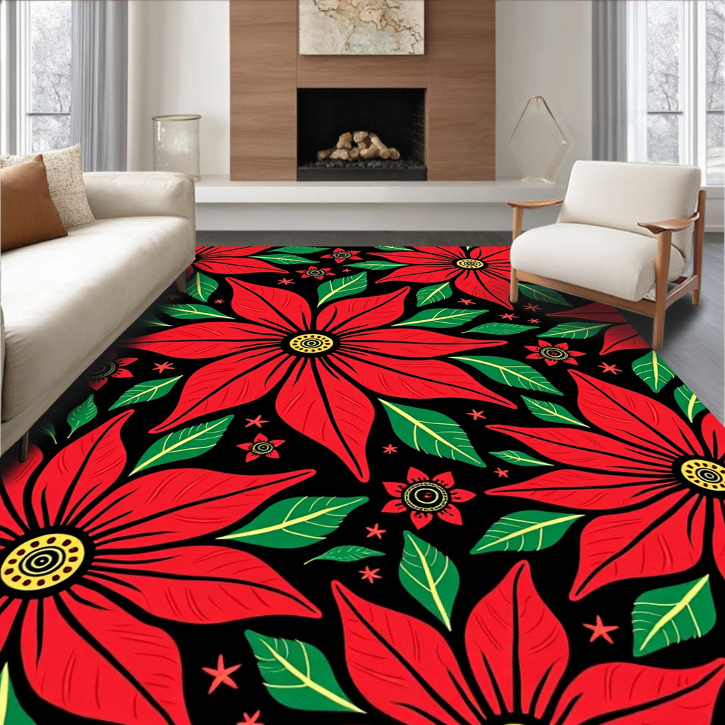 Red Poinsettia Floral Artwork Rug