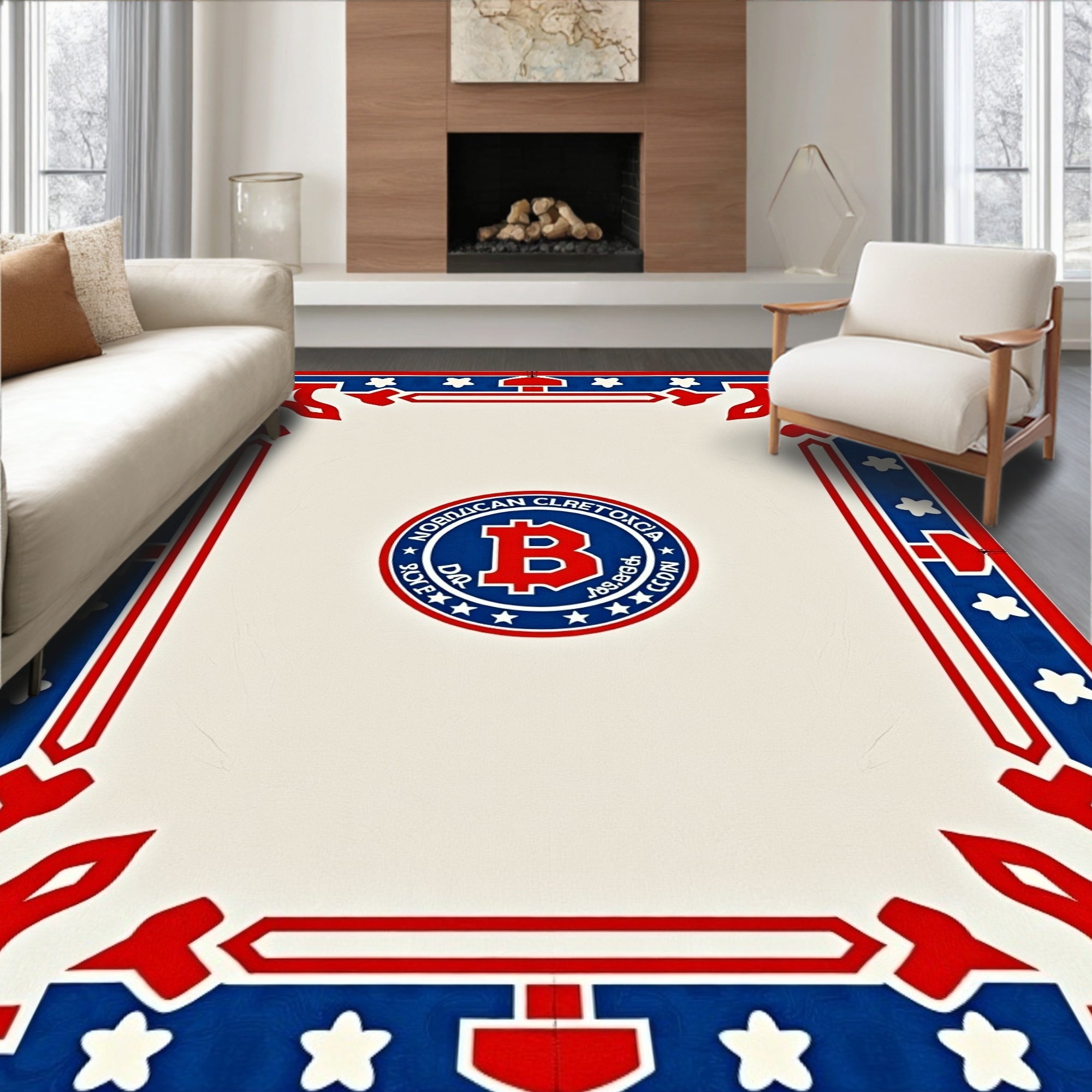 Red Blue White Heraldic Stars Border Rug