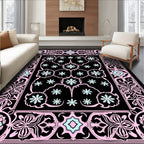 Pastel Pink Floral Black Medallion Rug