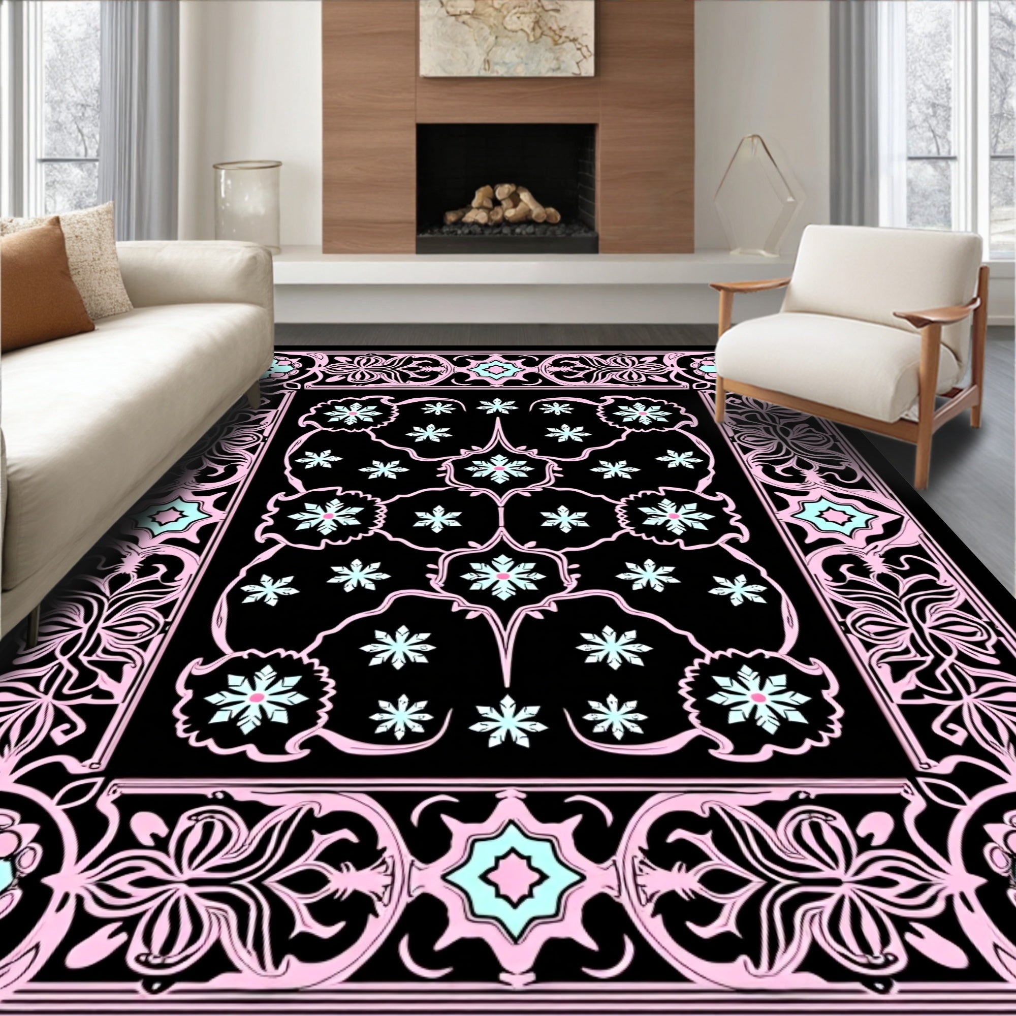 Pastel Pink Floral Black Medallion Rug