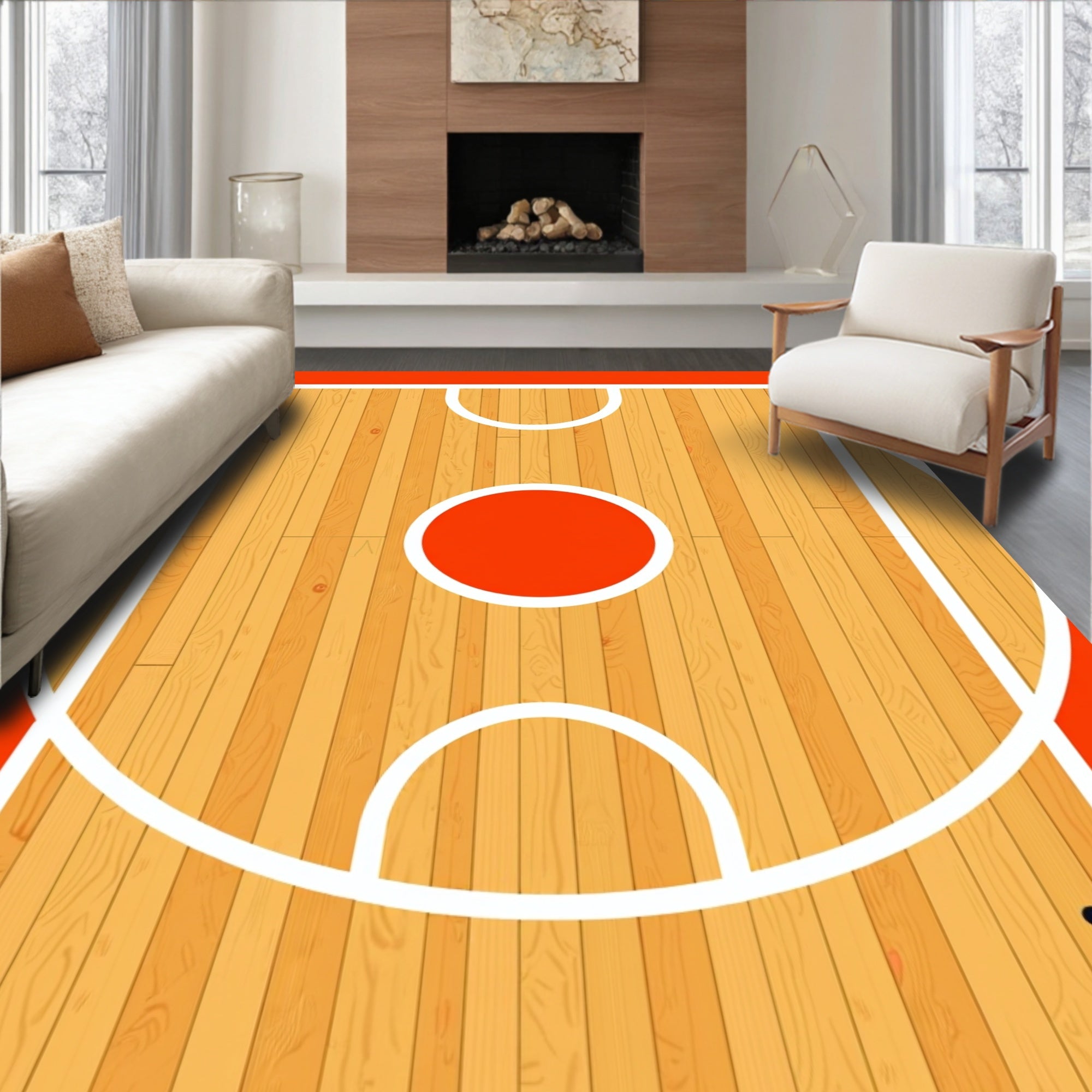 Orange Basketball Court Wood Grain Rug