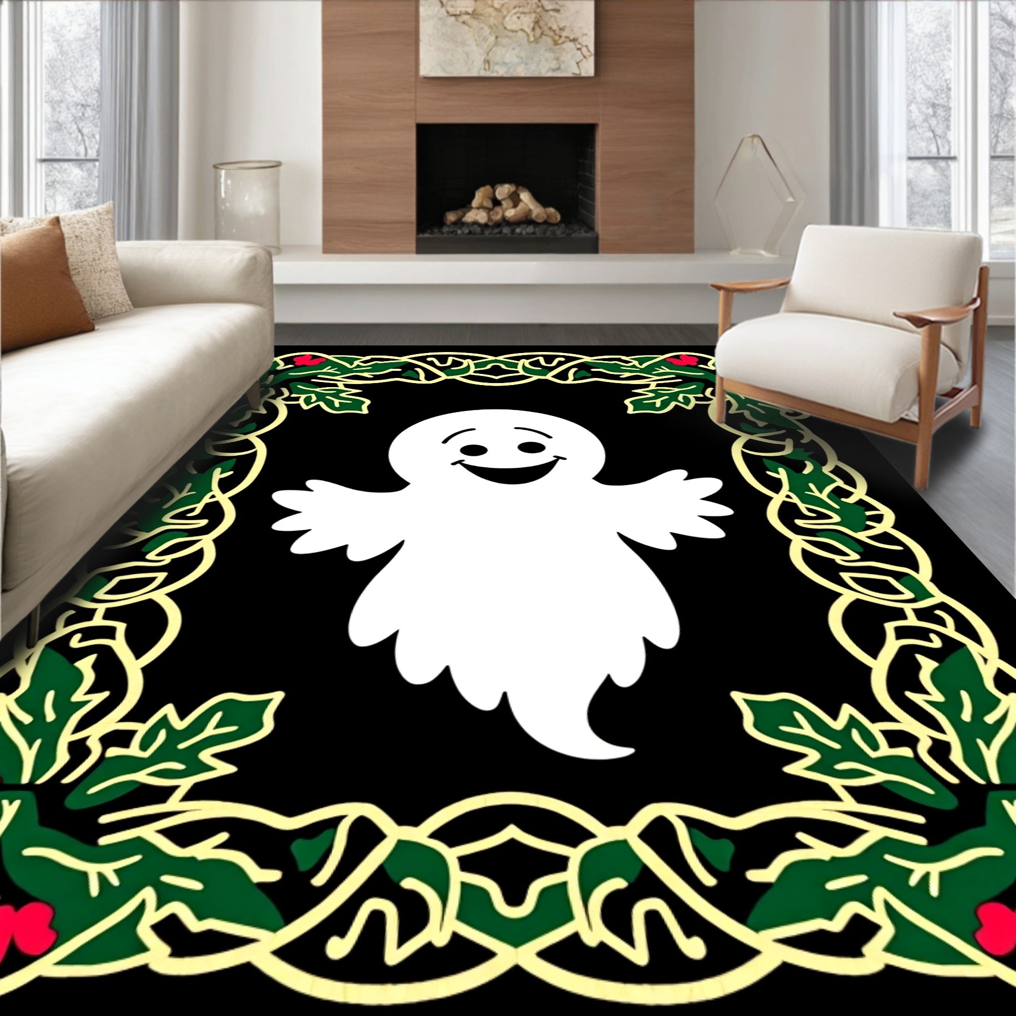 Whimsical White Ghost Holly Border Rug