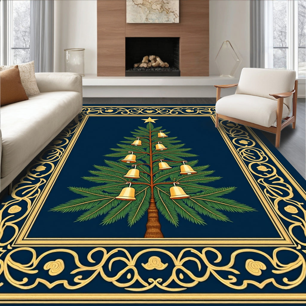 Ornate Gold Border Christmas Tree Rug