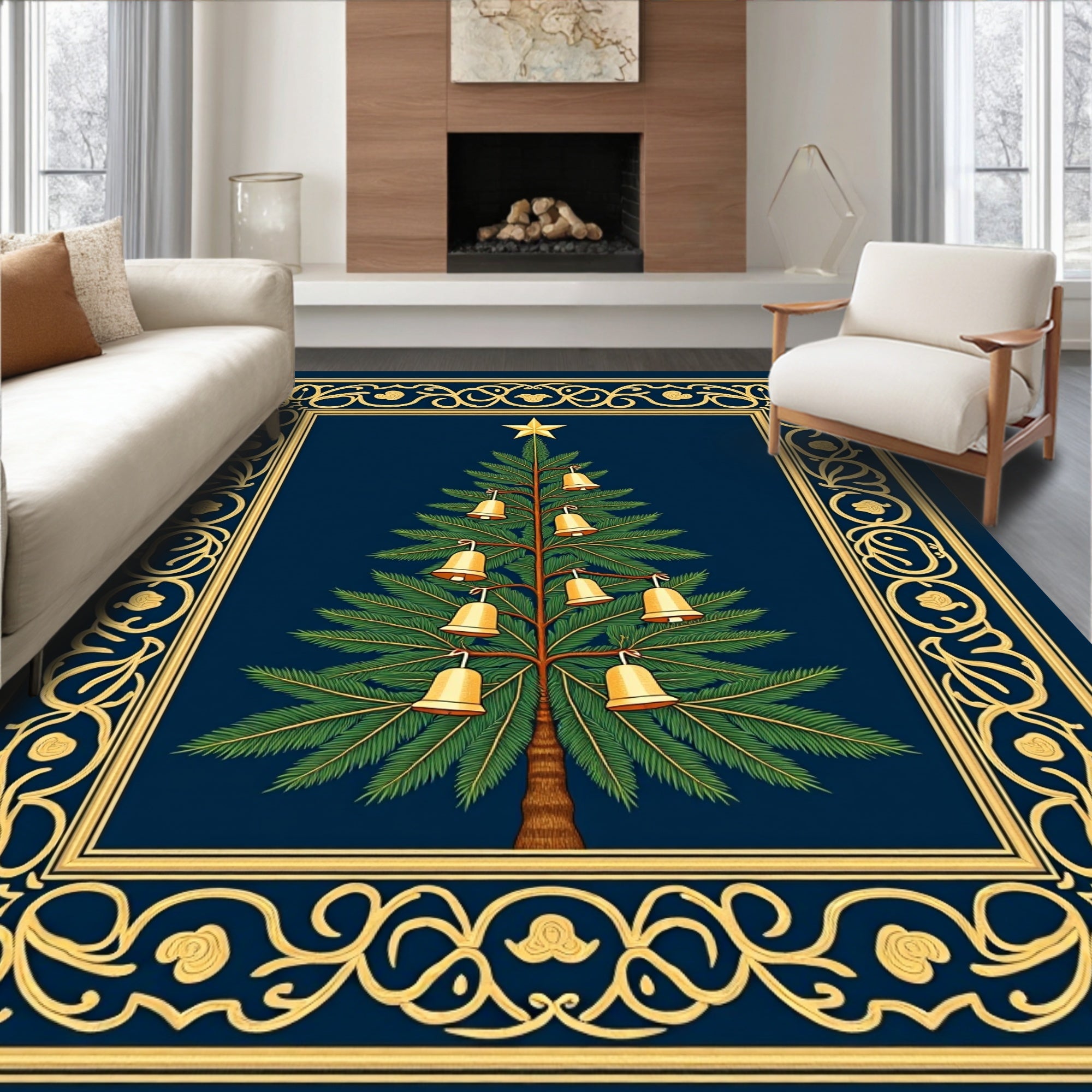 Ornate Gold Border Christmas Tree Rug