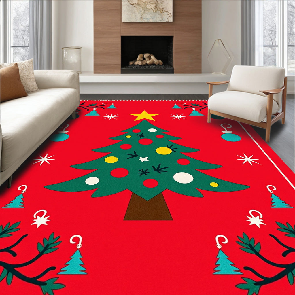 Festive Red Christmas Tree Ornaments Rug