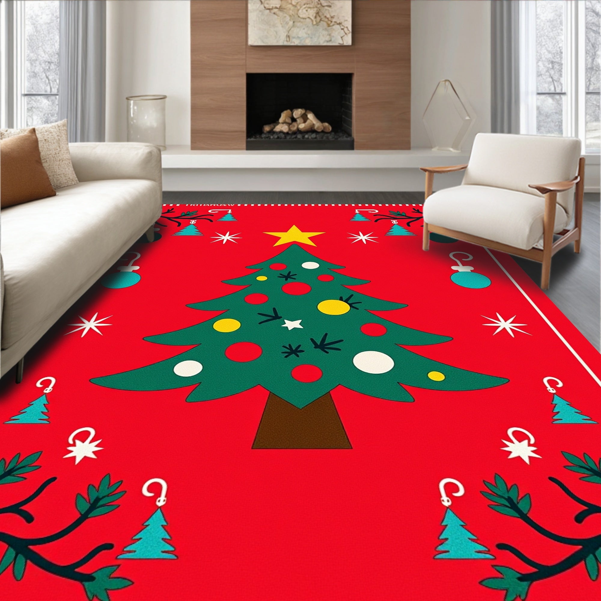 Festive Red Christmas Tree Ornaments Rug
