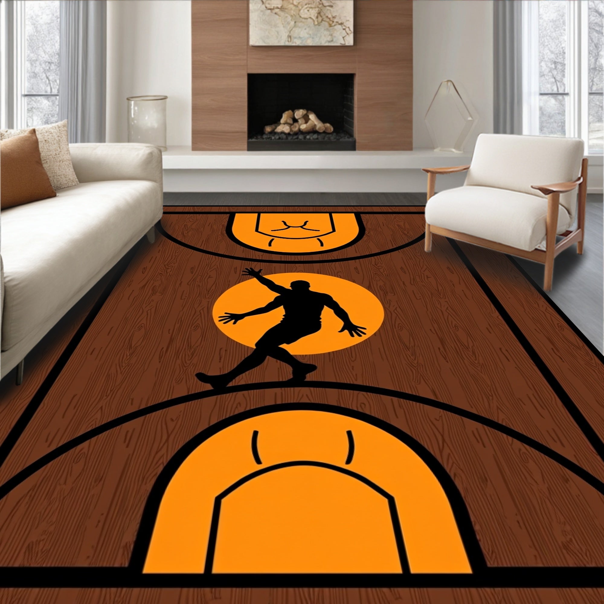 Wood Court Slam Dunk Silhouette Rug
